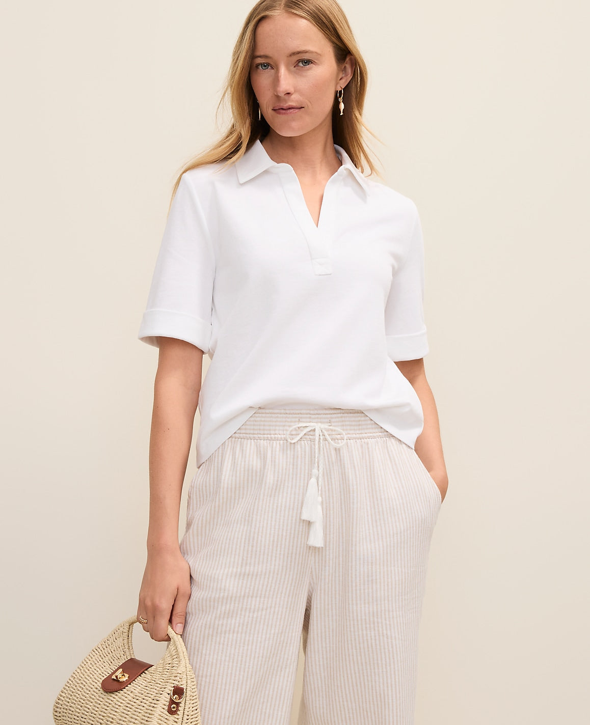 Ann Taylor White Weekend Split Neck Polo Top