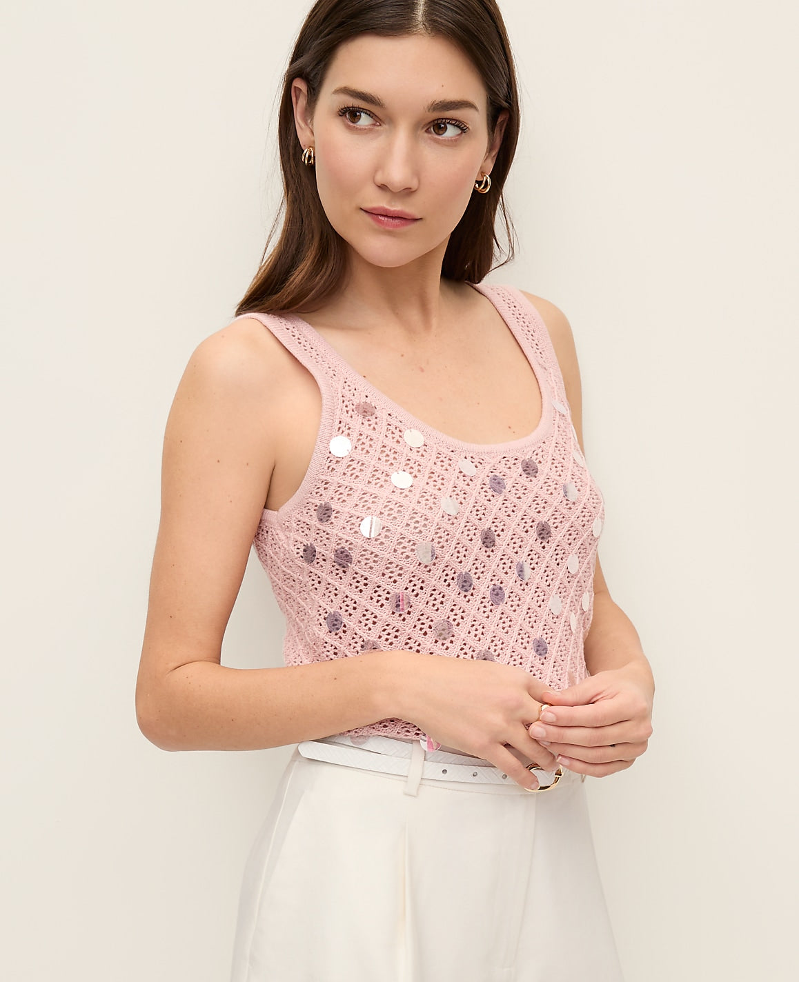 Ann Taylor Rose Veil Sequin Pointelle Sweater Tank Top