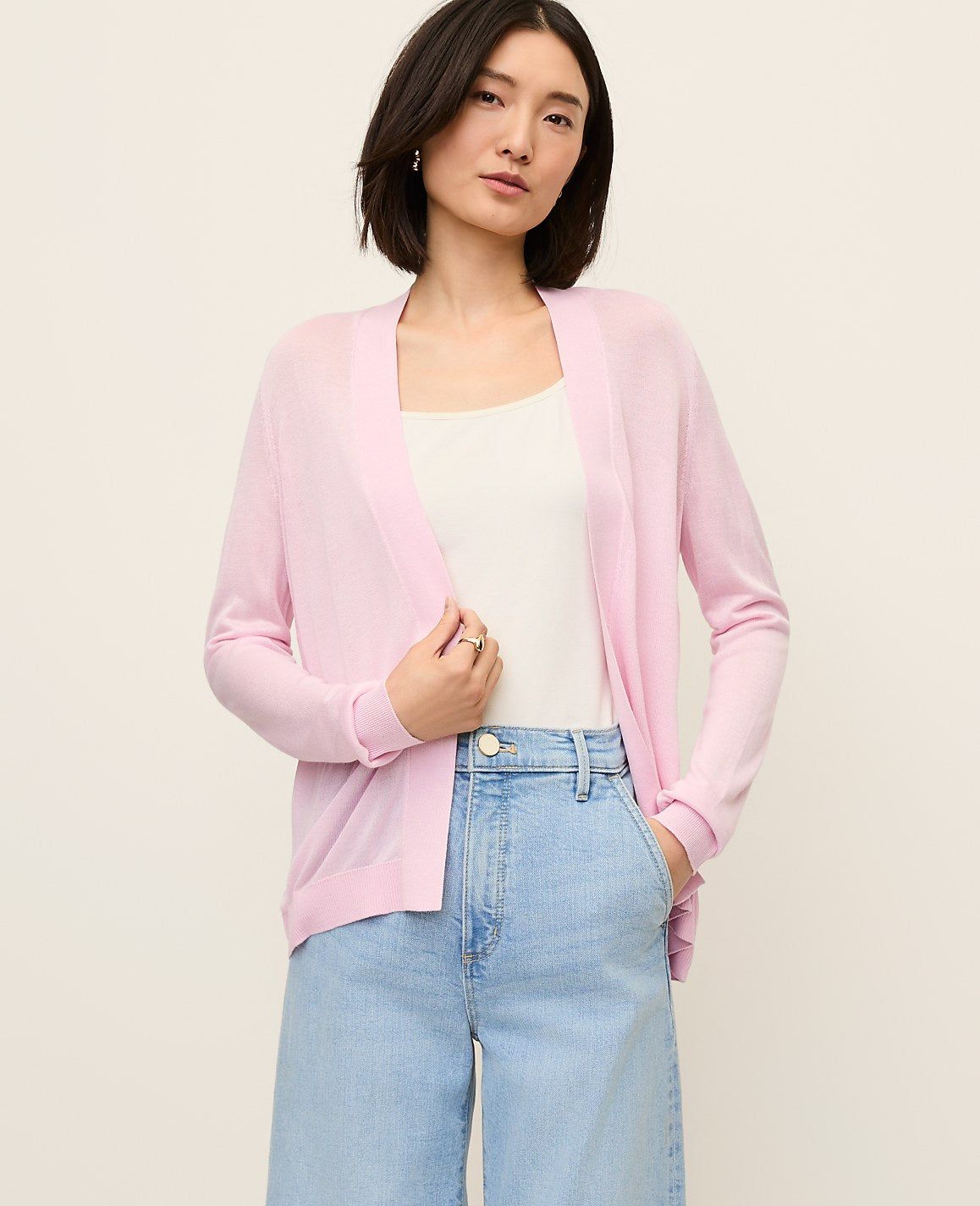 Ann Taylor Corsage Pink Lightweight Open Cardigan