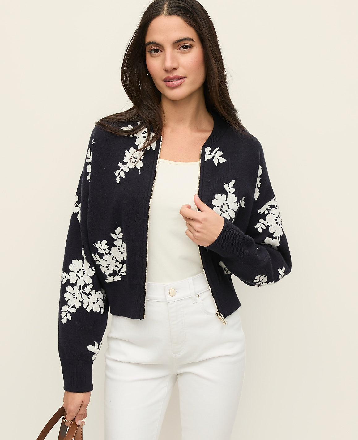 Ann Taylor Night Sky Floral Jacquard Bomber Sweater Jacket