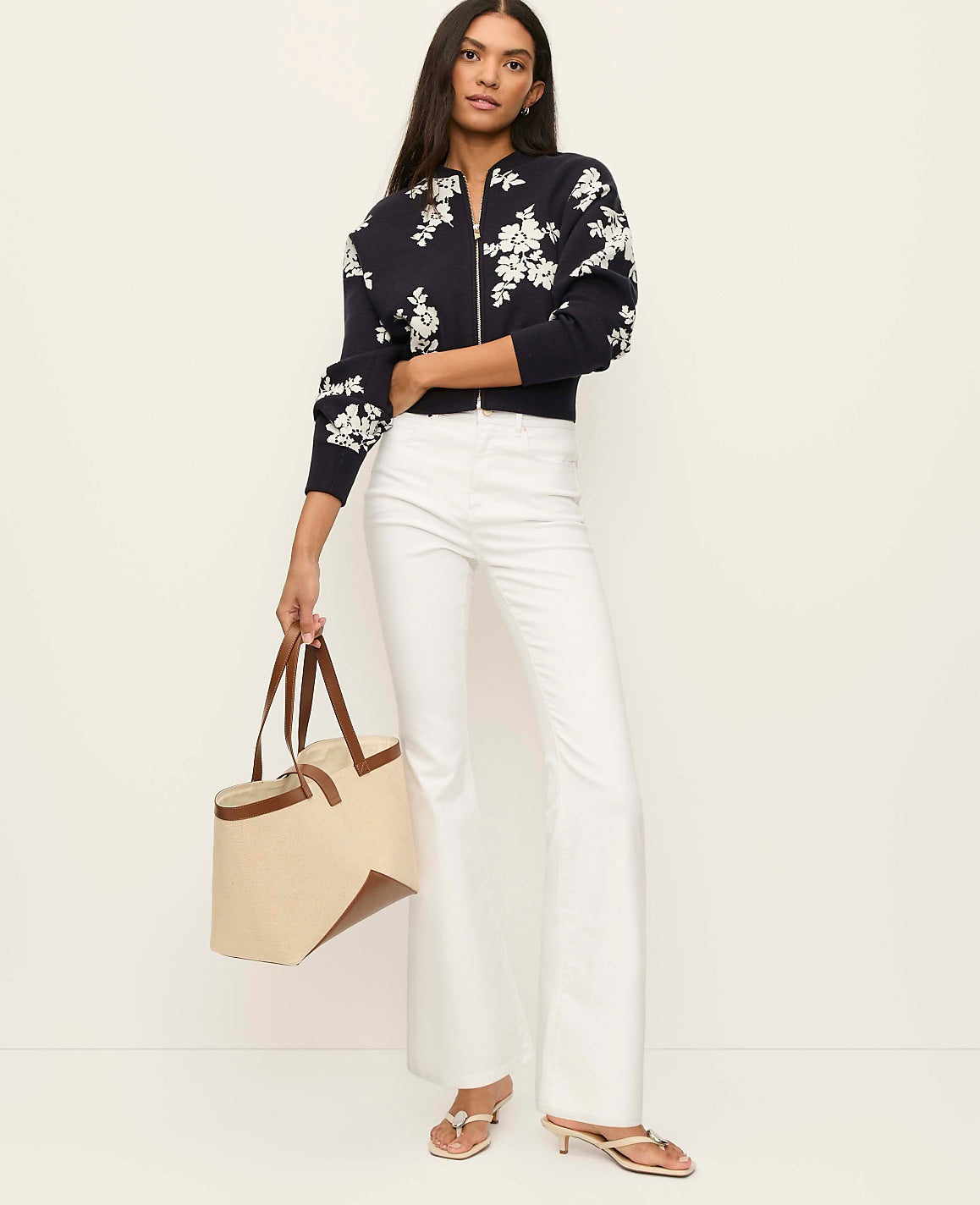Ann Taylor Night Sky Floral Jacquard Bomber Sweater Jacket