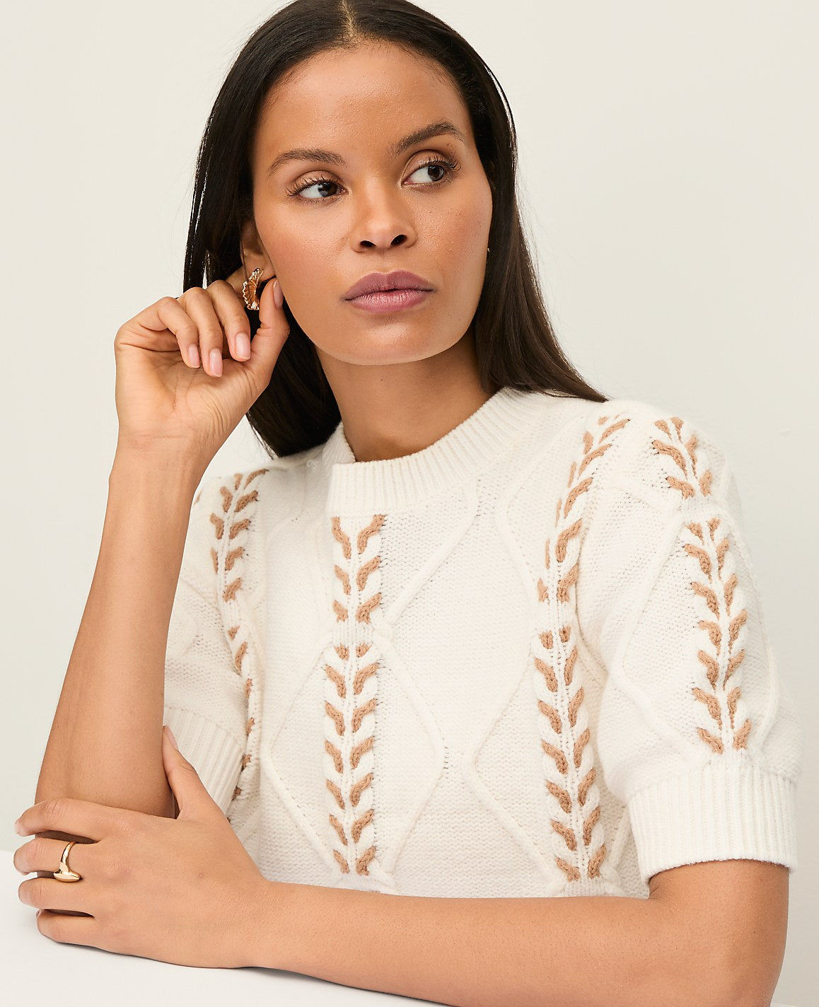 Ann Taylor Winter White Contrast Stitch Cable Sweater