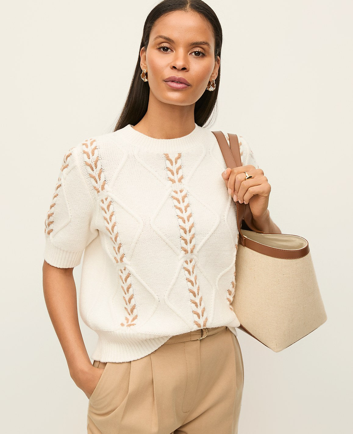 Ann Taylor Winter White Contrast Stitch Cable Sweater