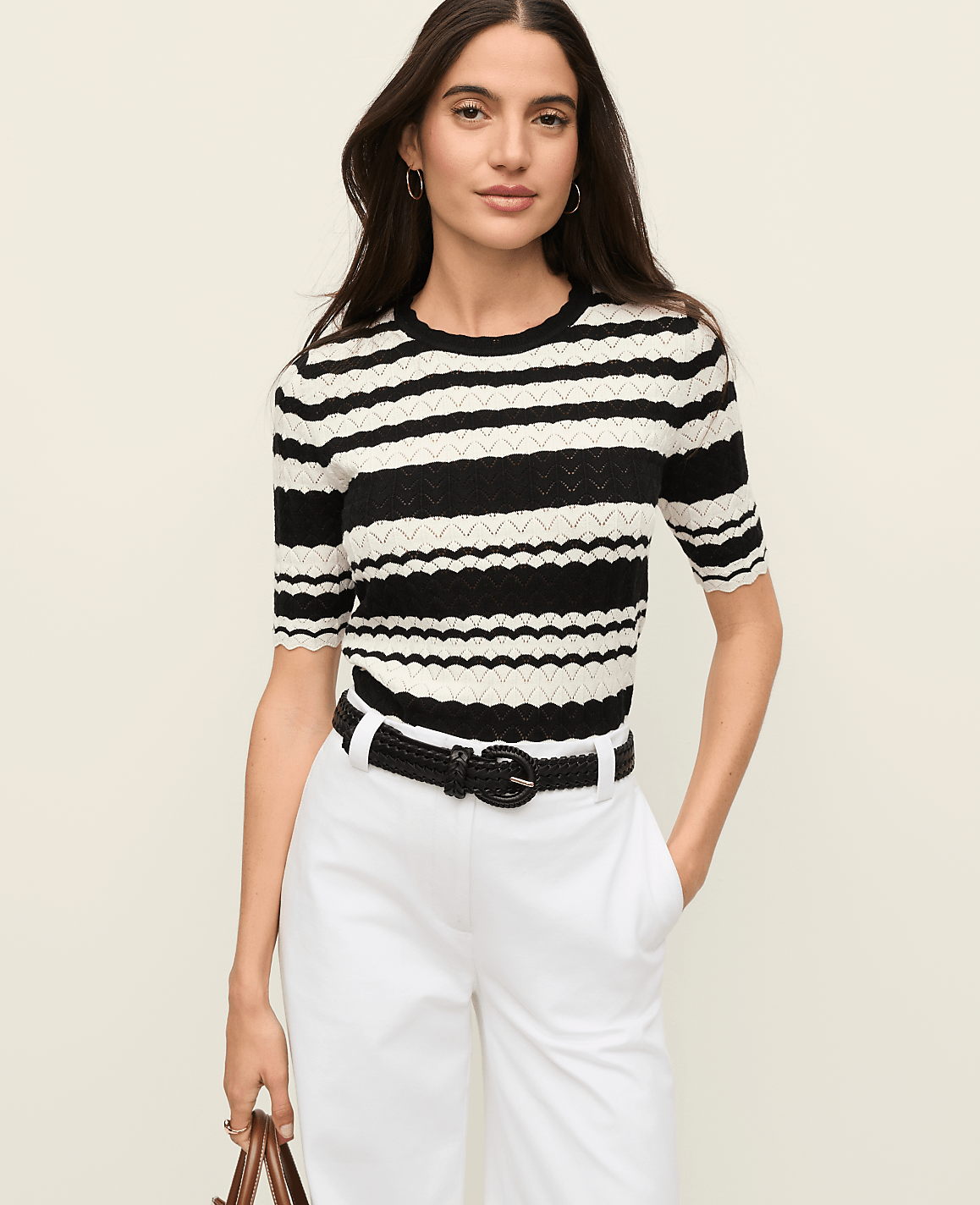 Ann Taylor Black Striped Pointelle Sweater Tee