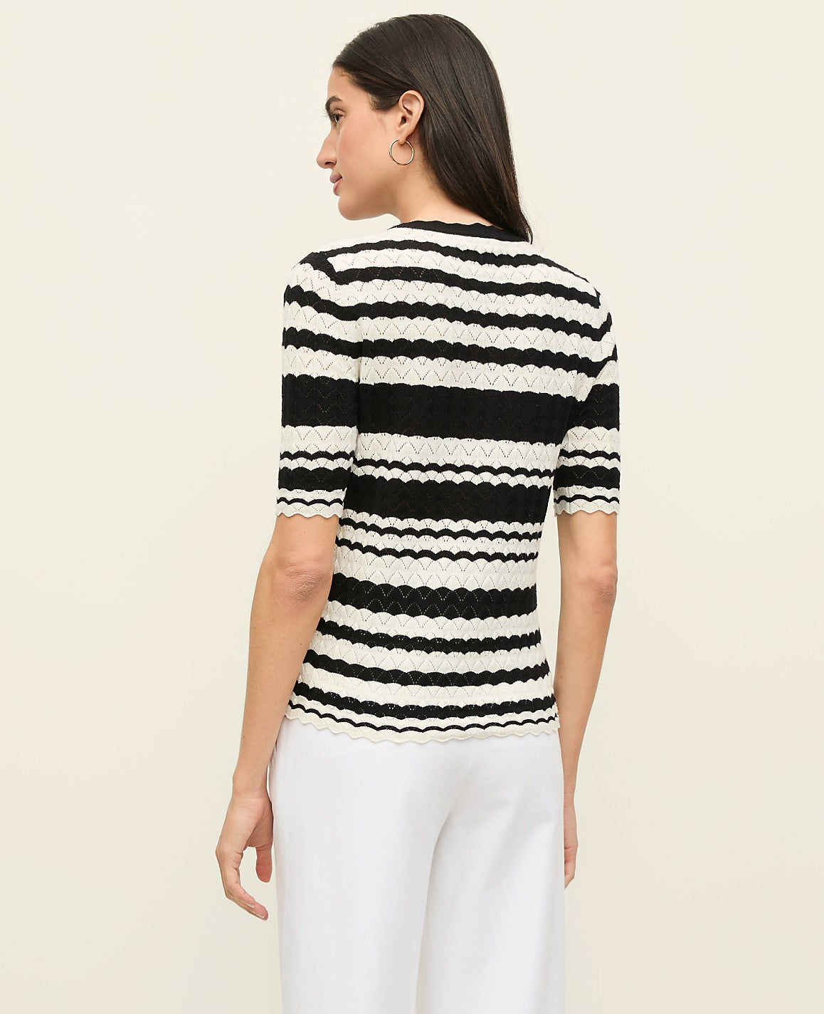 Ann Taylor Black Striped Pointelle Sweater Tee