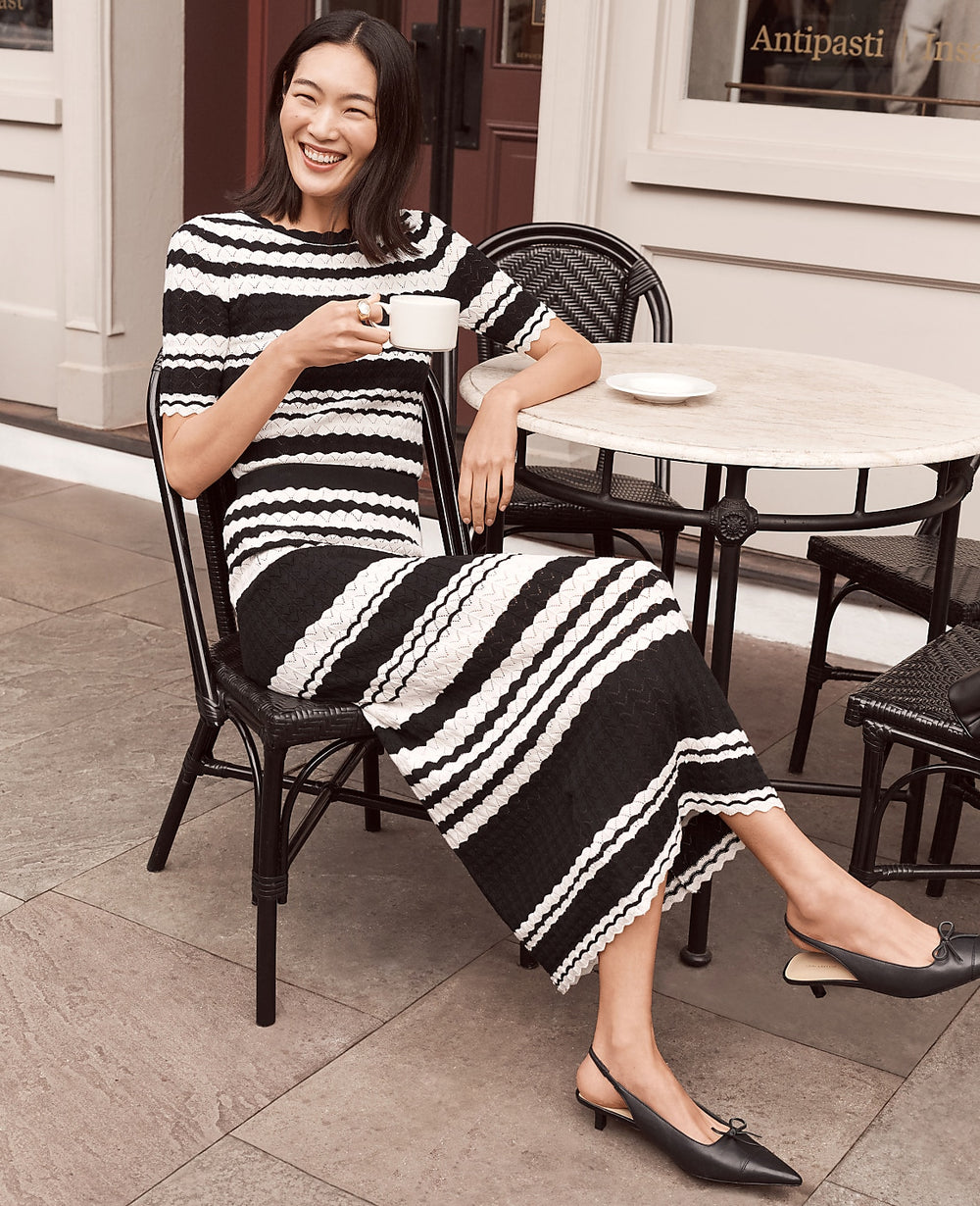 Ann Taylor Black Striped Pointelle Sweater Tee