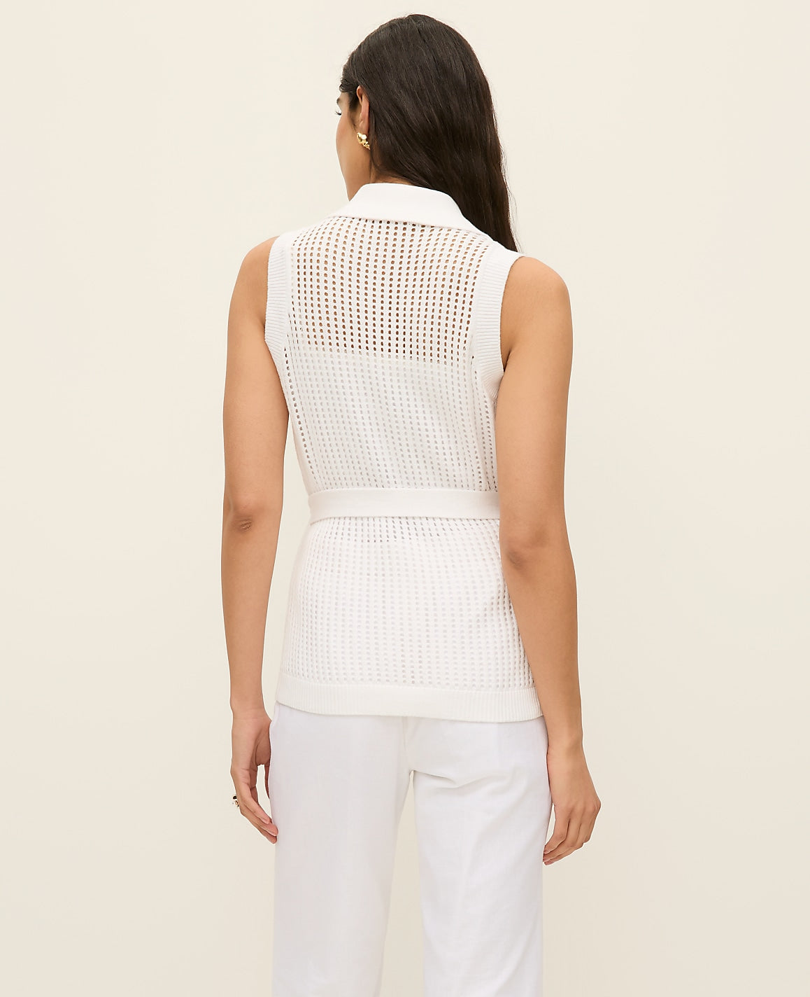 Ann Taylor White Pointelle Belted Sweater