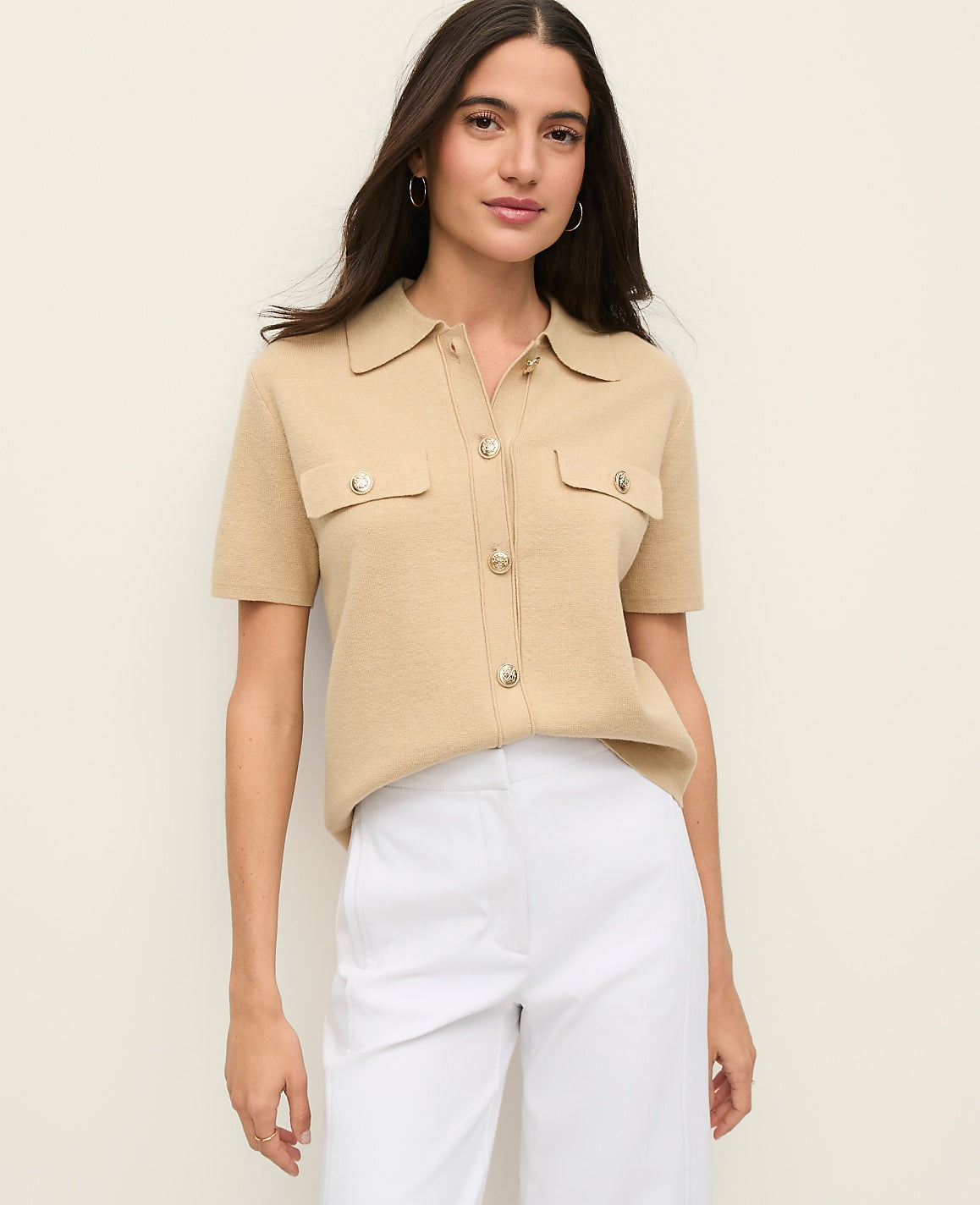 Ann Taylor Cool Sesame Collared Short Sleeve Cardigan