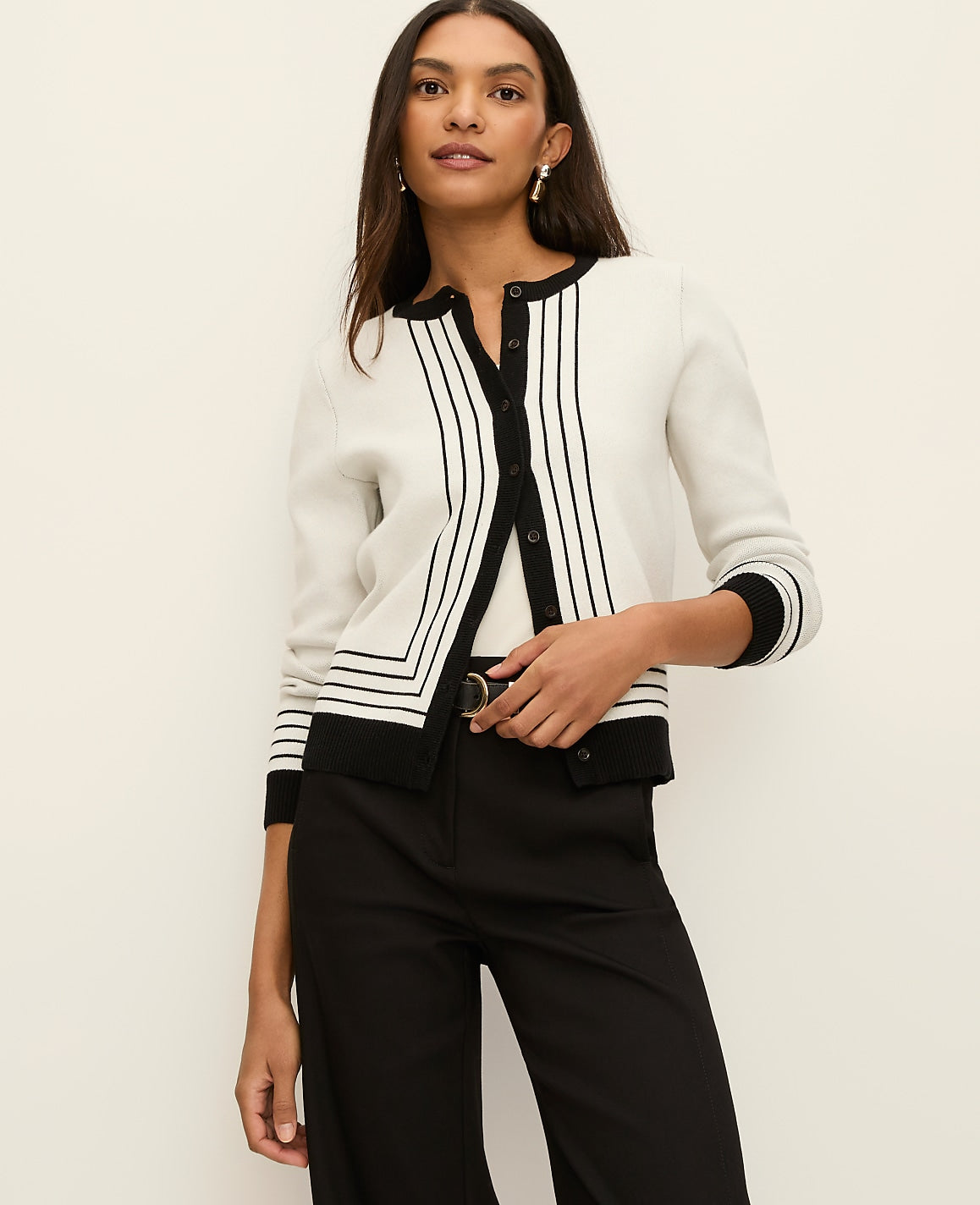 Ann Taylor White/Black Combo Striped Jacquard Ann Cardigan