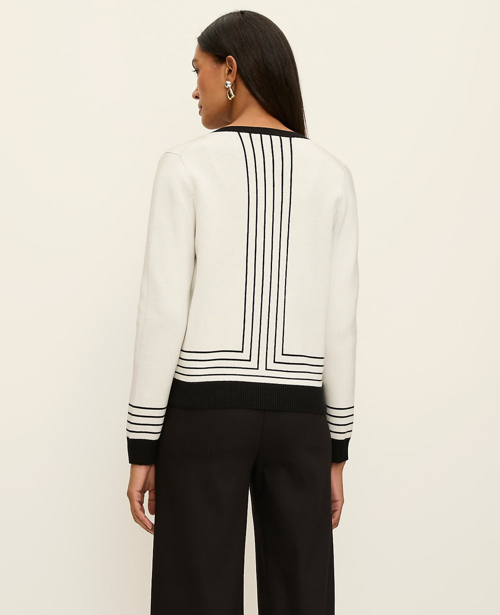 Ann Taylor White/Black Combo Striped Jacquard Ann Cardigan