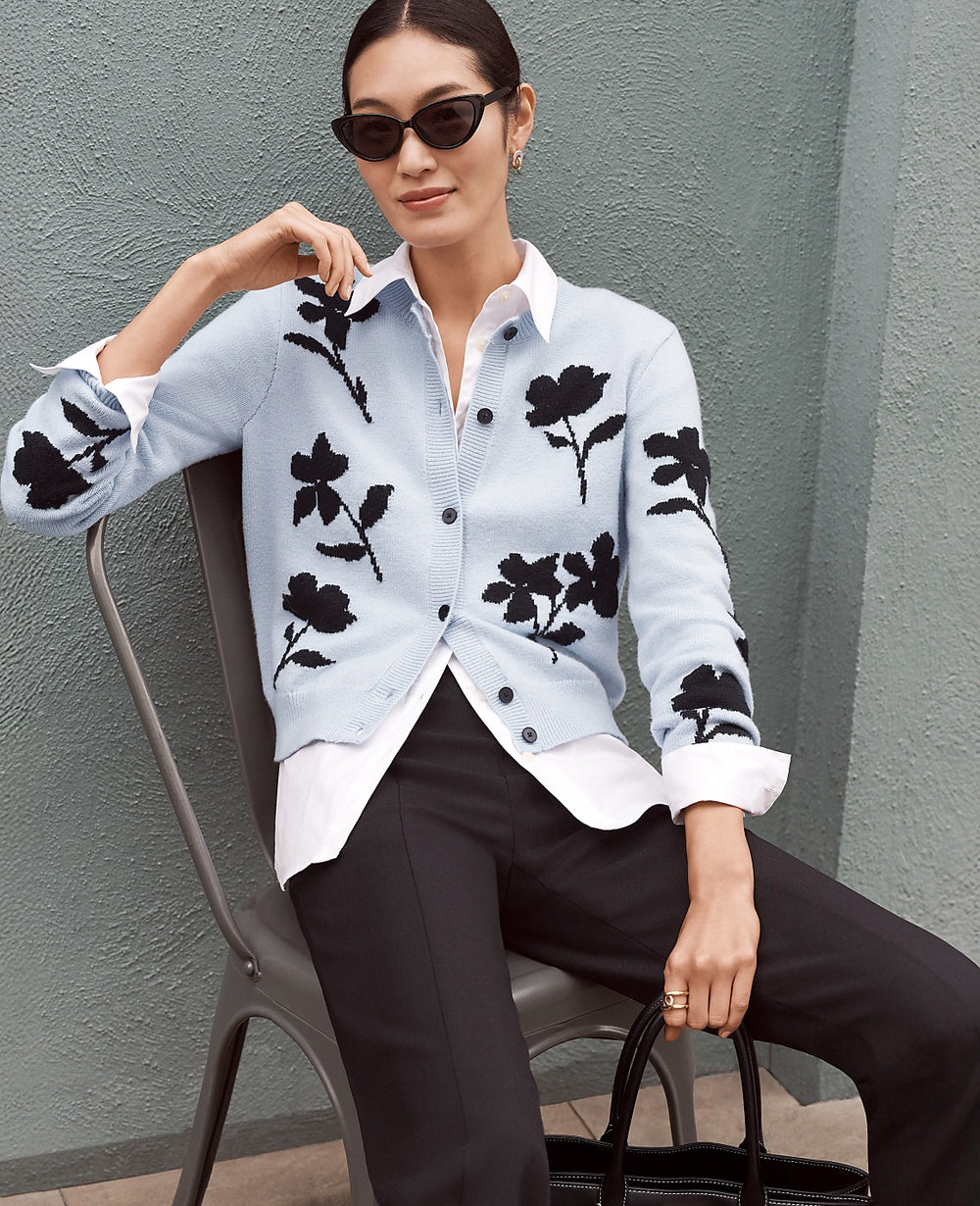 Ann Taylor Cashmere Blue Floral Jacquard Cardigan