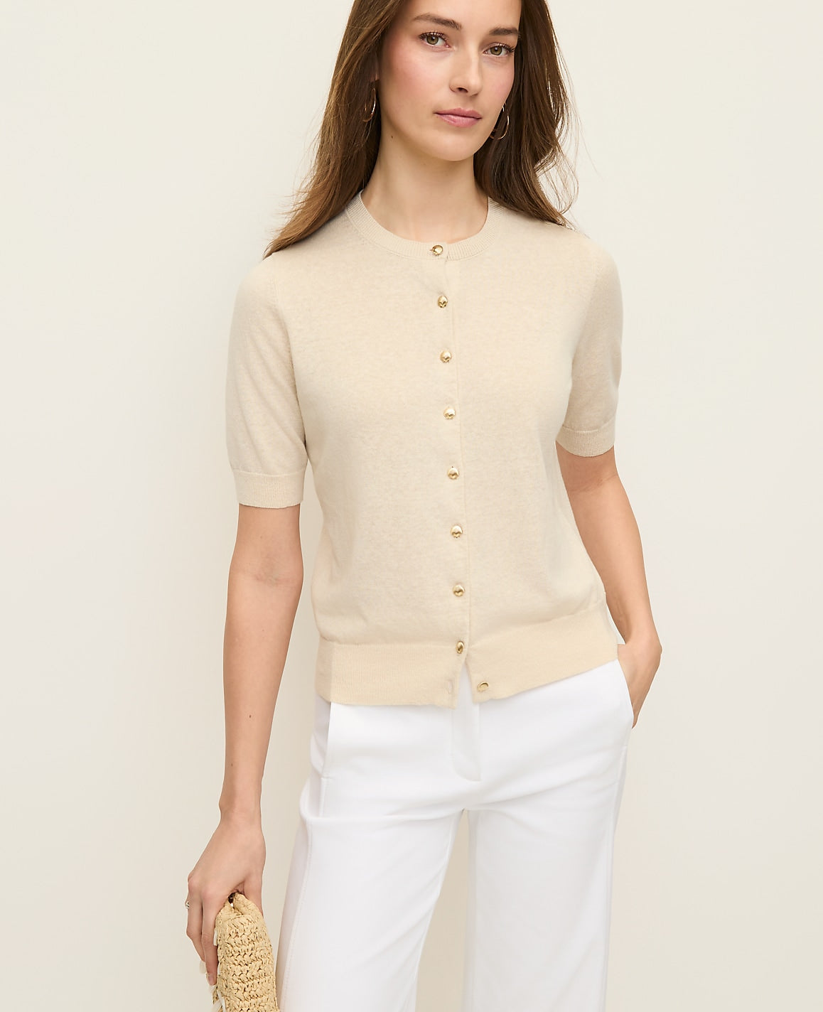 Ann Taylor Sand Shell Shell Button Short Sleeve Linen Cardigan
