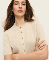Ann Taylor Sand Shell Shell Button Short Sleeve Linen Cardigan