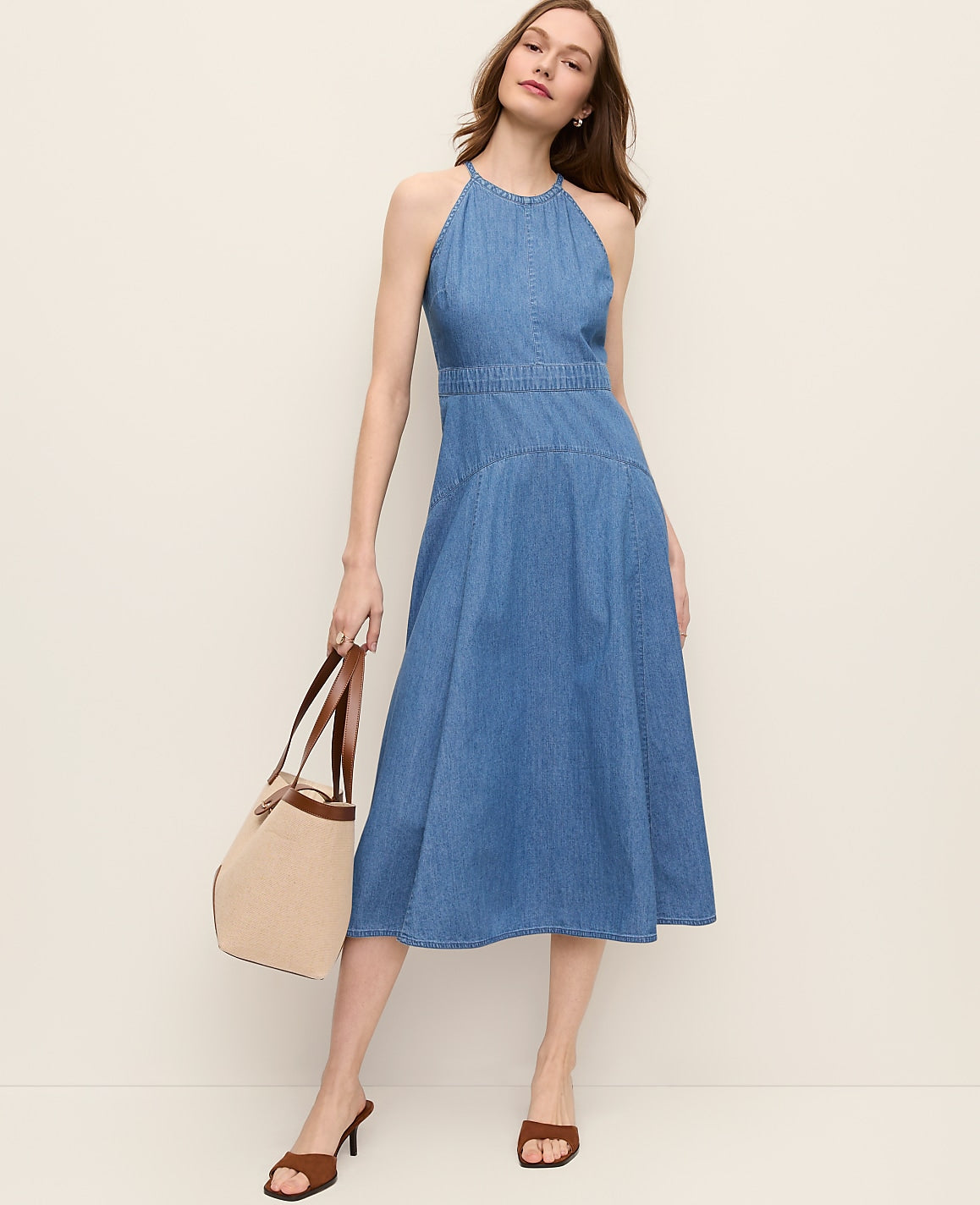 Ann Taylor Light Indigo Wash Halter Flare Midi Dress in Chambray