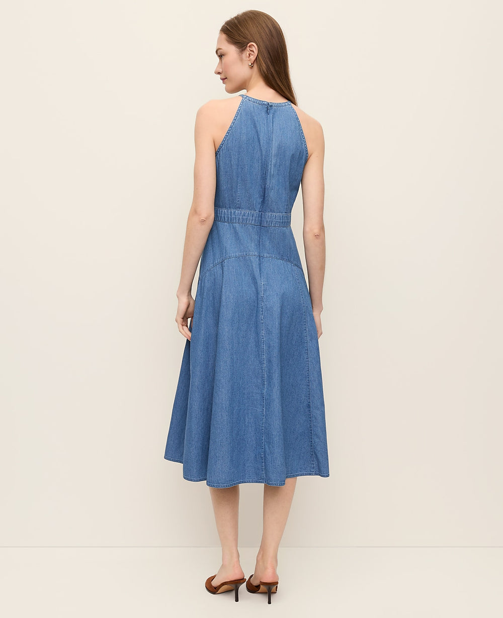 Ann Taylor Light Indigo Wash Halter Flare Midi Dress in Chambray
