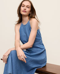 Ann Taylor Light Indigo Wash Halter Flare Midi Dress in Chambray