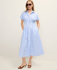 Ann Taylor White Blue Weekend Striped Pleated Midi Shirtdress