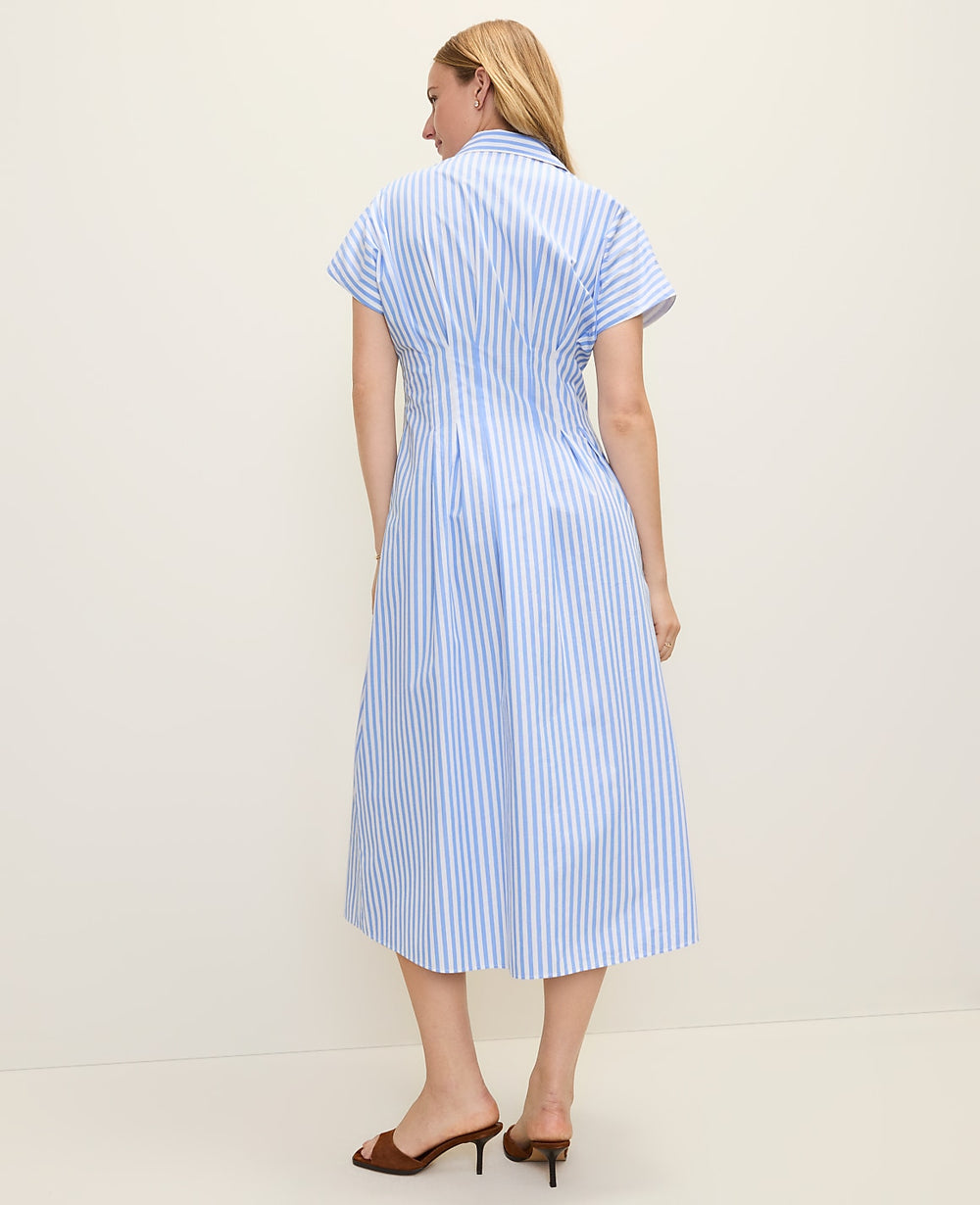 Ann Taylor White Blue Weekend Striped Pleated Midi Shirtdress