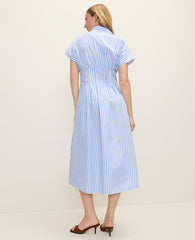Ann Taylor White Blue Weekend Striped Pleated Midi Shirtdress