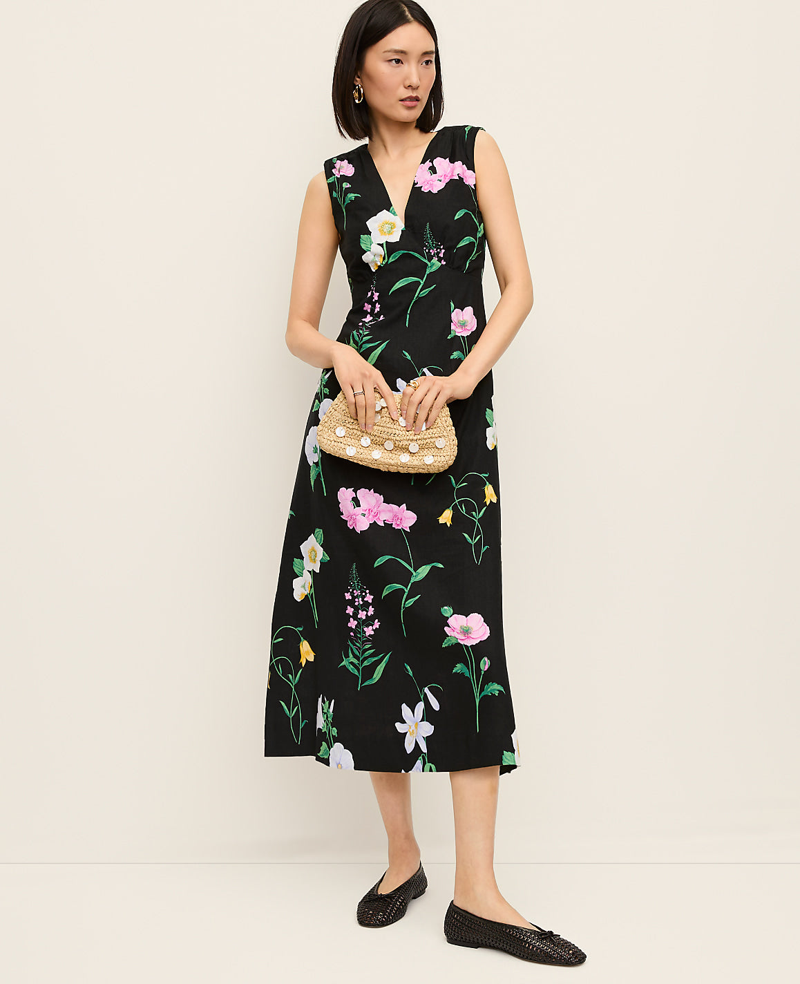 Ann Taylor Black Floral Linen Blend Midi Dress
