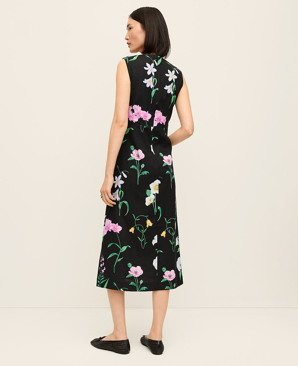 Ann Taylor Black Floral Linen Blend Midi Dress
