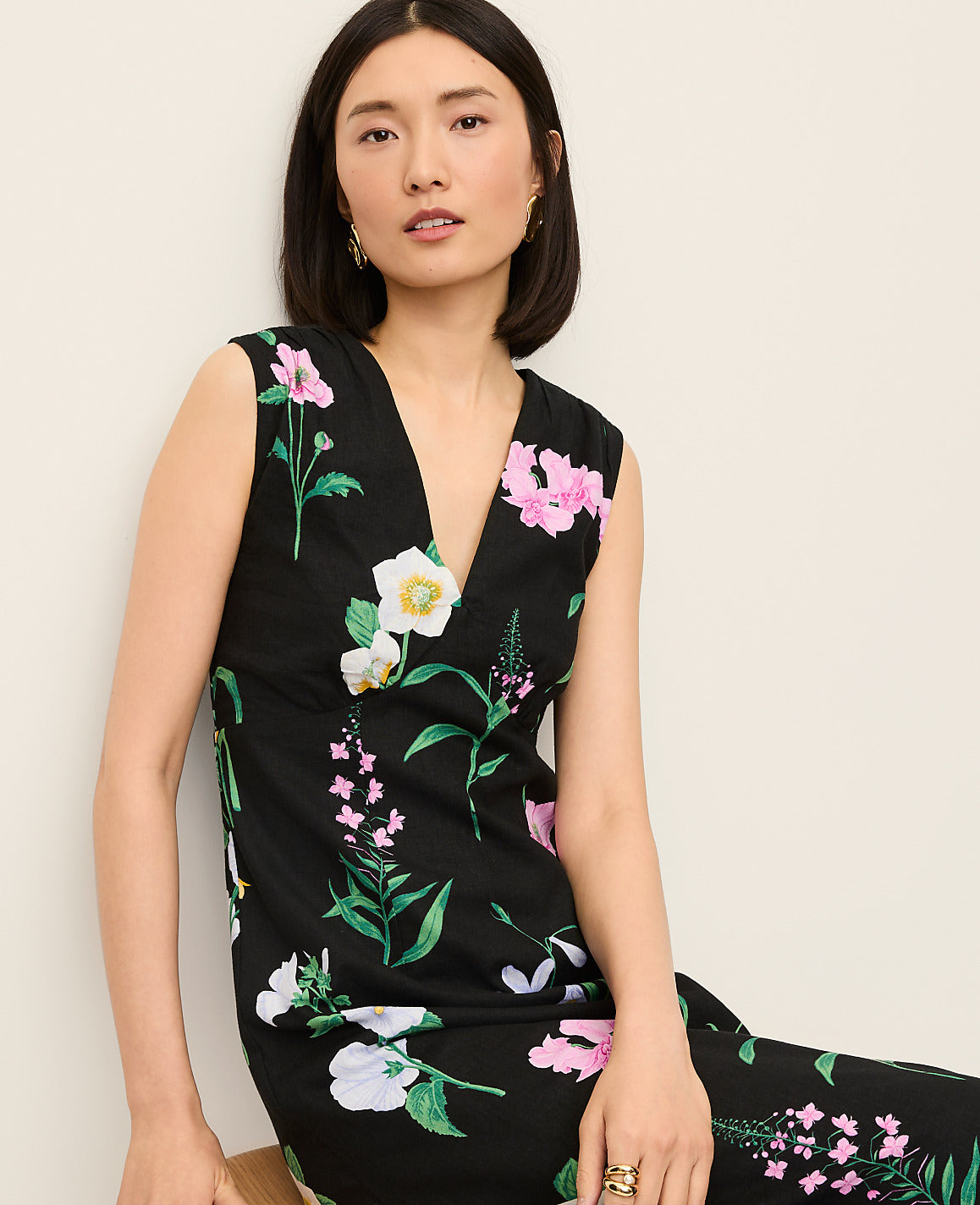 Ann Taylor Black Floral Linen Blend Midi Dress