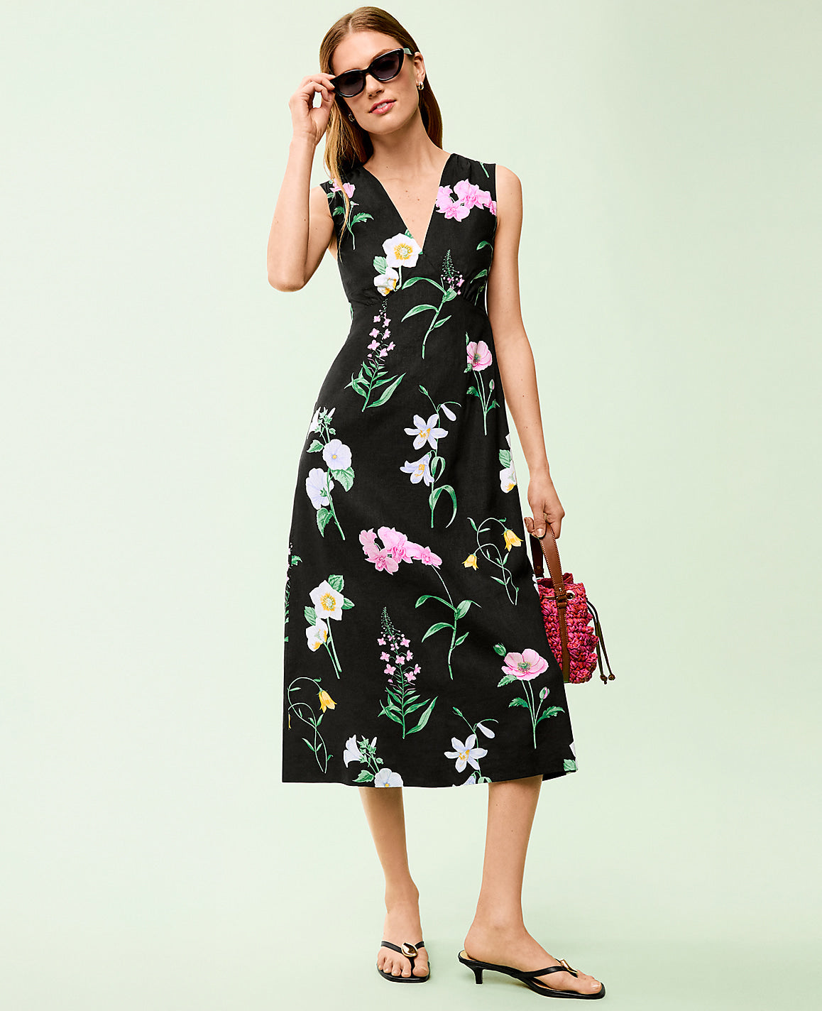 Ann Taylor Black Floral Linen Blend Midi Dress