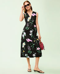 Ann Taylor Black Floral Linen Blend Midi Dress
