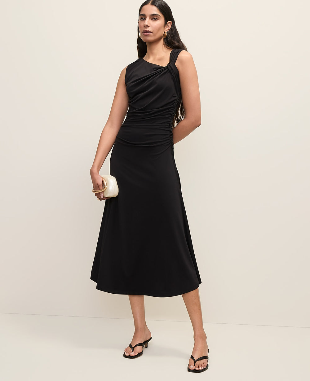 Ann Taylor Black Asymmetric Twist Shoulder Midi Dress
