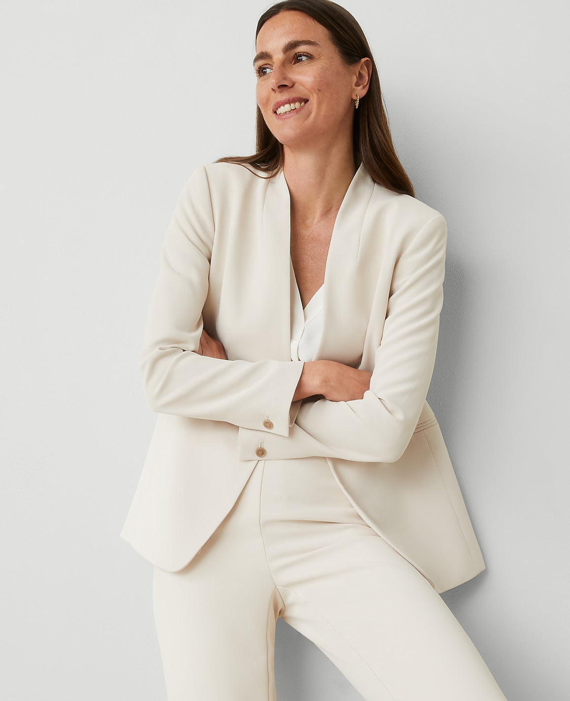 Ann Taylor Ivory Whisper The Long Collarless Blazer in Fluid Crepe