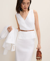 Ann Taylor White V-Neck Peplum Top in Linen Blend