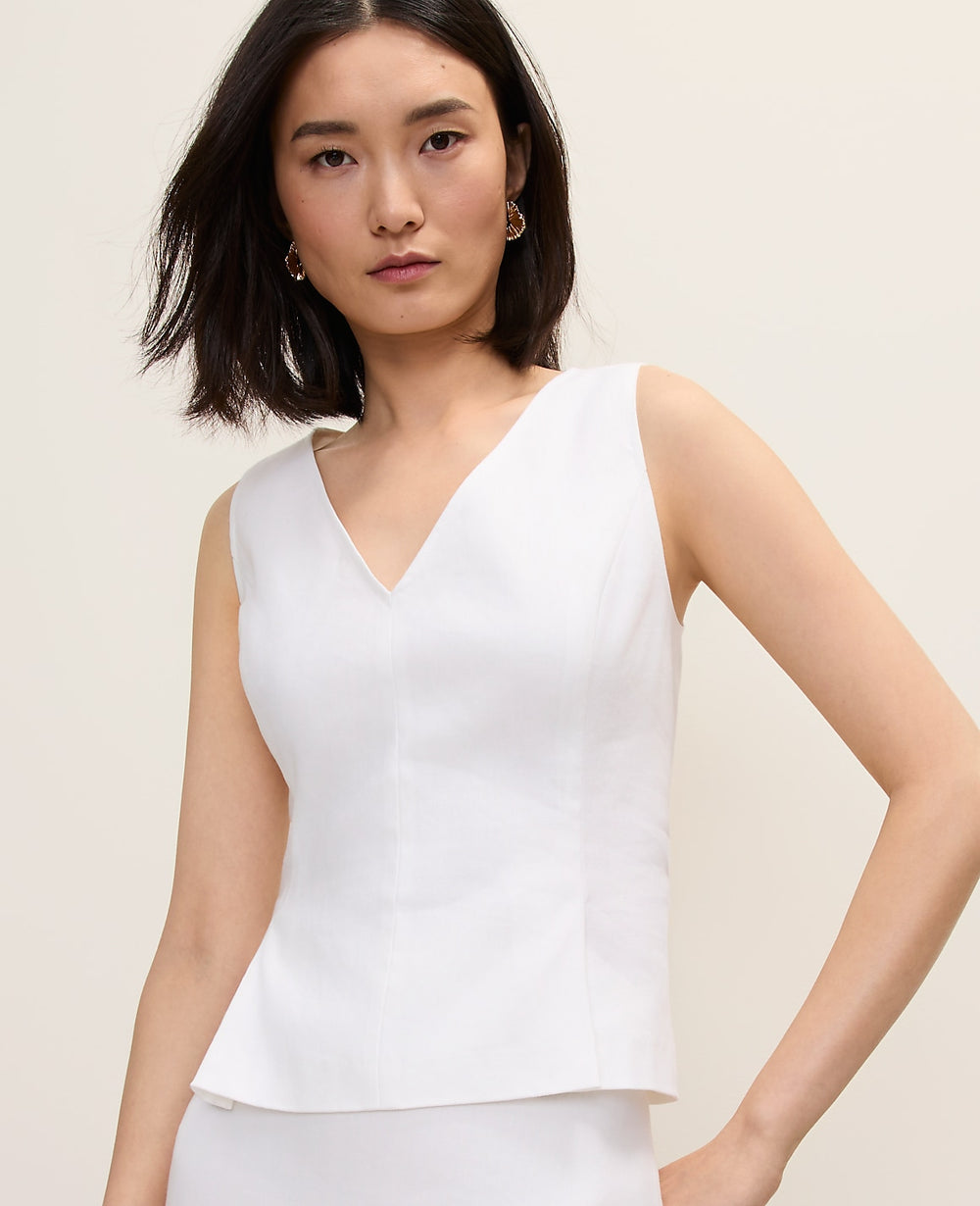Ann Taylor White V-Neck Peplum Top in Linen Blend