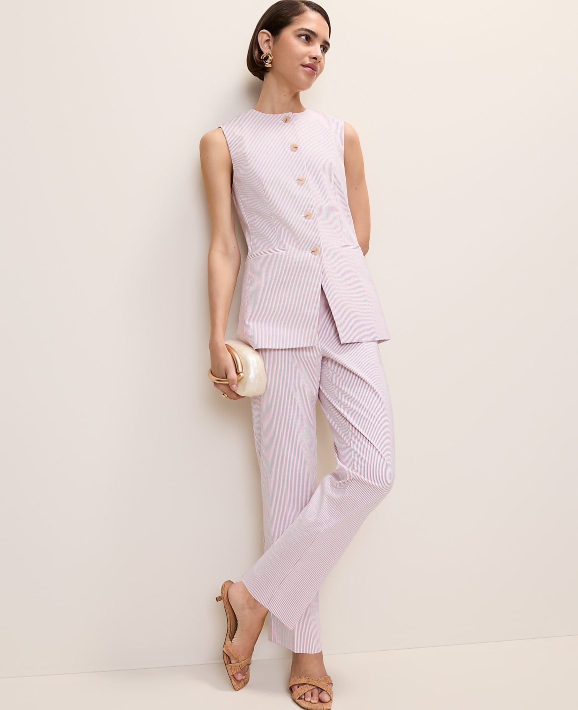 Ann Taylor Pink/White Combo The Long Crew Neck Vest in Seersucker