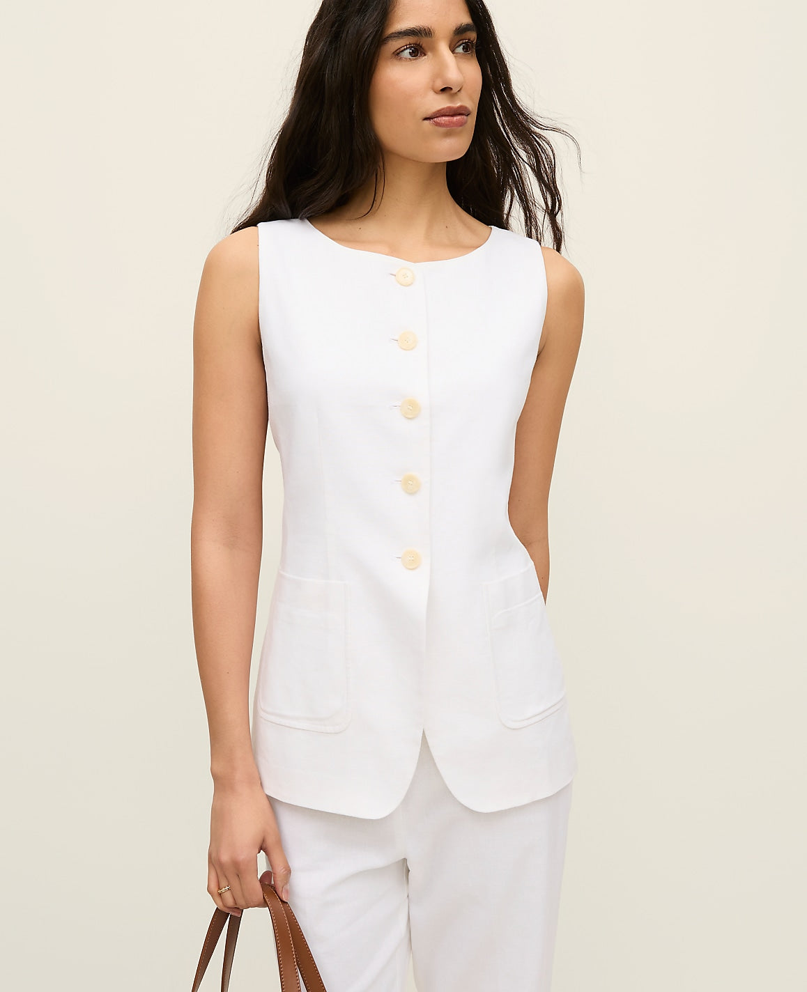 Ann Taylor White The Long Crew Neck Vest in Linen Blend