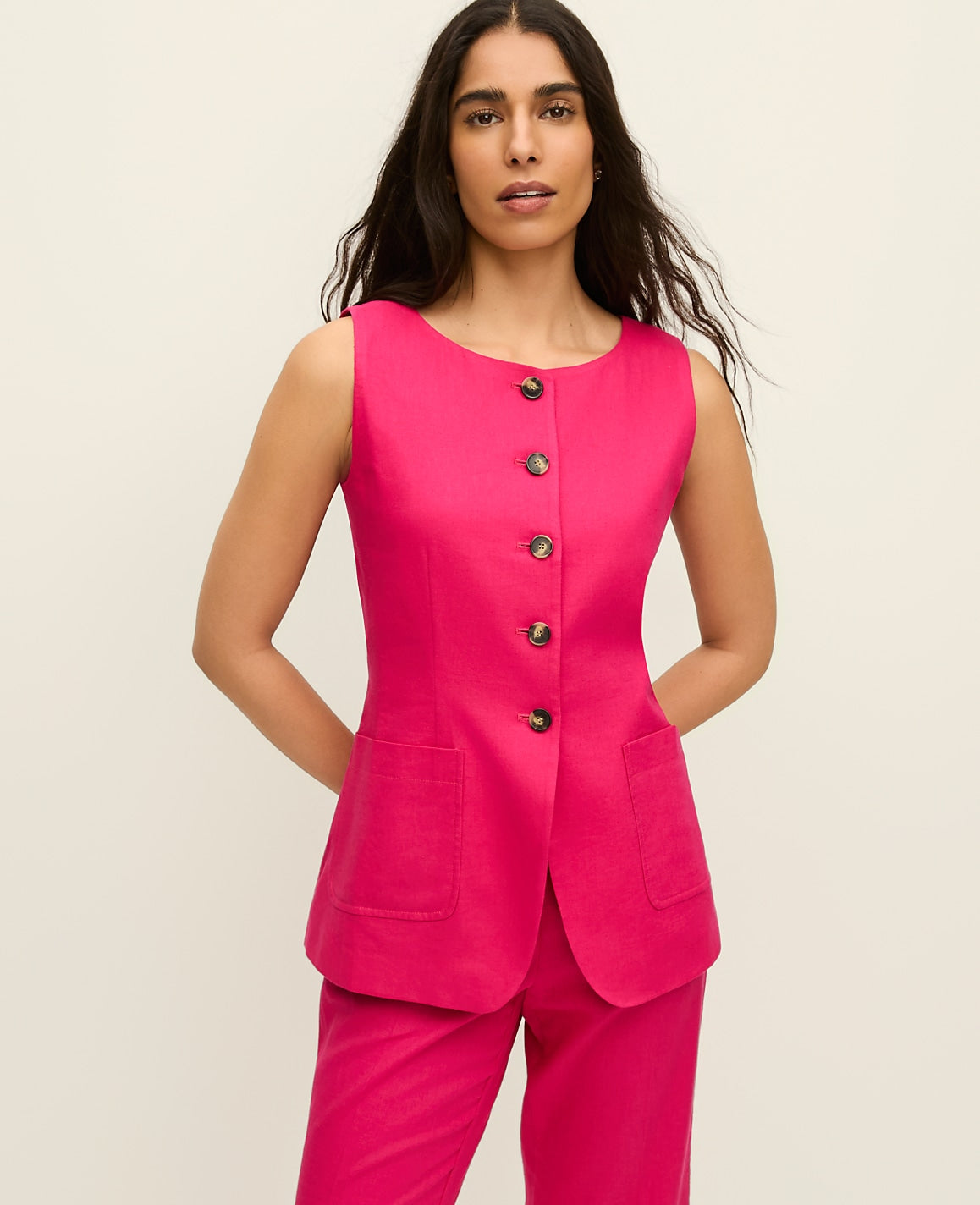 Ann Taylor Bougainvillea The Long Crew Neck Vest in Linen Blend