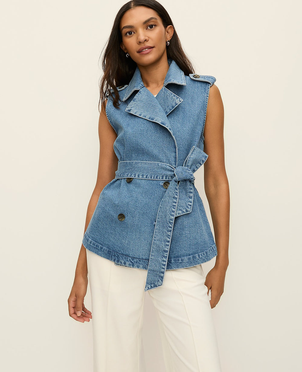Ann Taylor Soft Denim Blue Belted Denim Vest