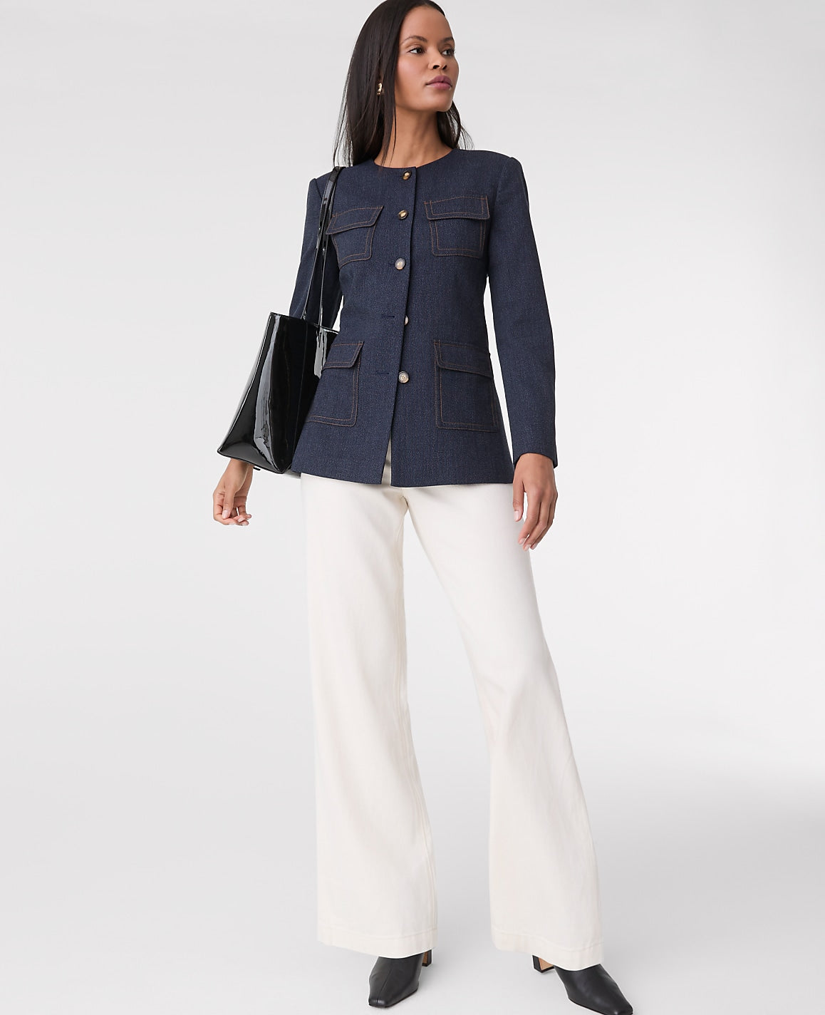 Ann Taylor Indigo Blend The Long Crew Neck Jacket in Denim