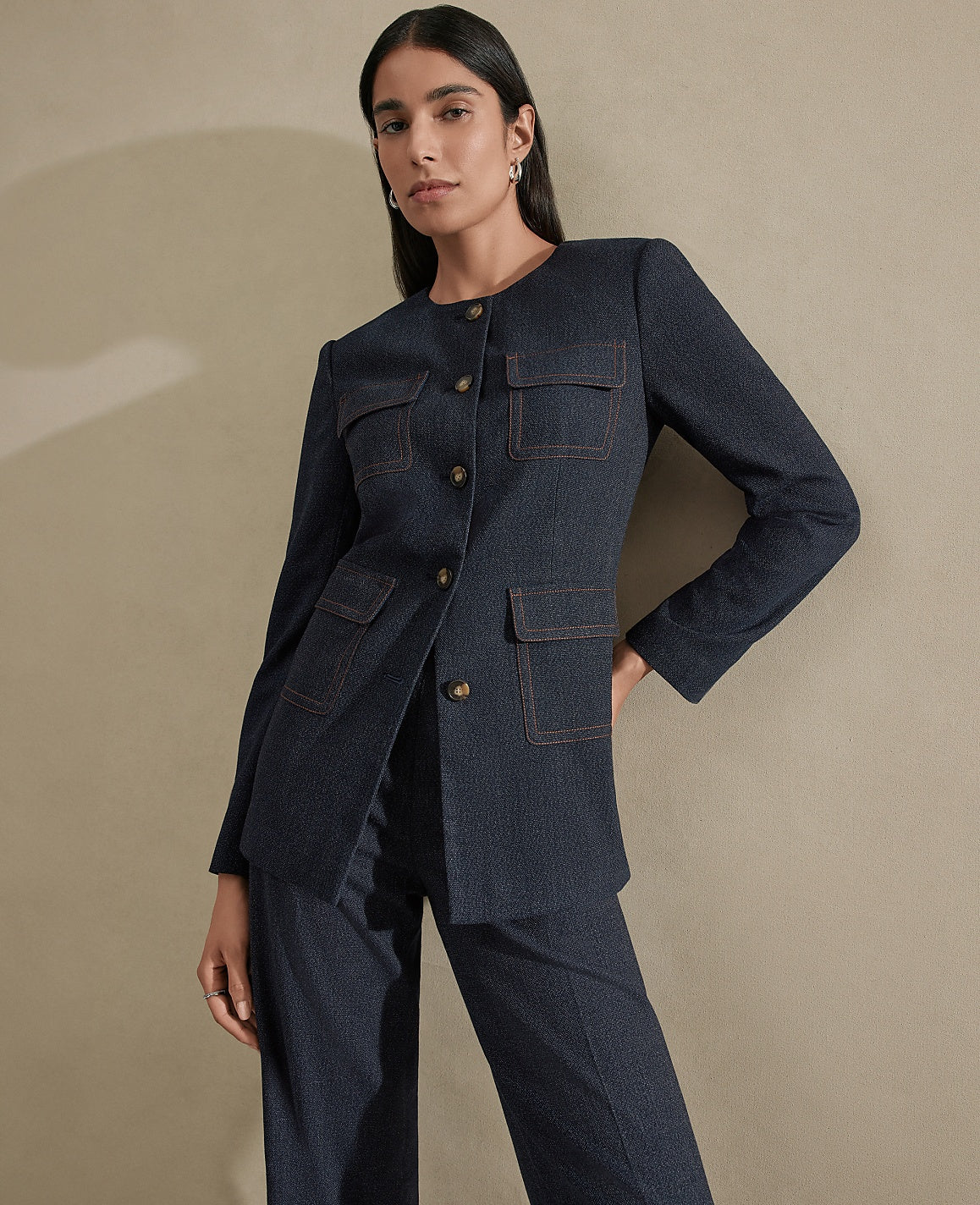 Ann Taylor Indigo Blend The Long Crew Neck Jacket in Denim