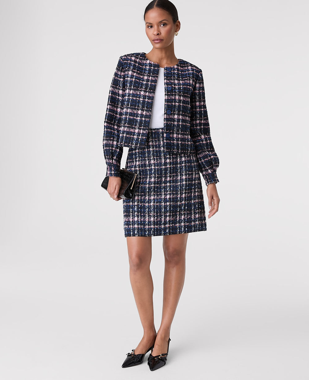 Ann Taylor Pink/Blue Plaid The Crew Neck Jacket in Plaid Tweed