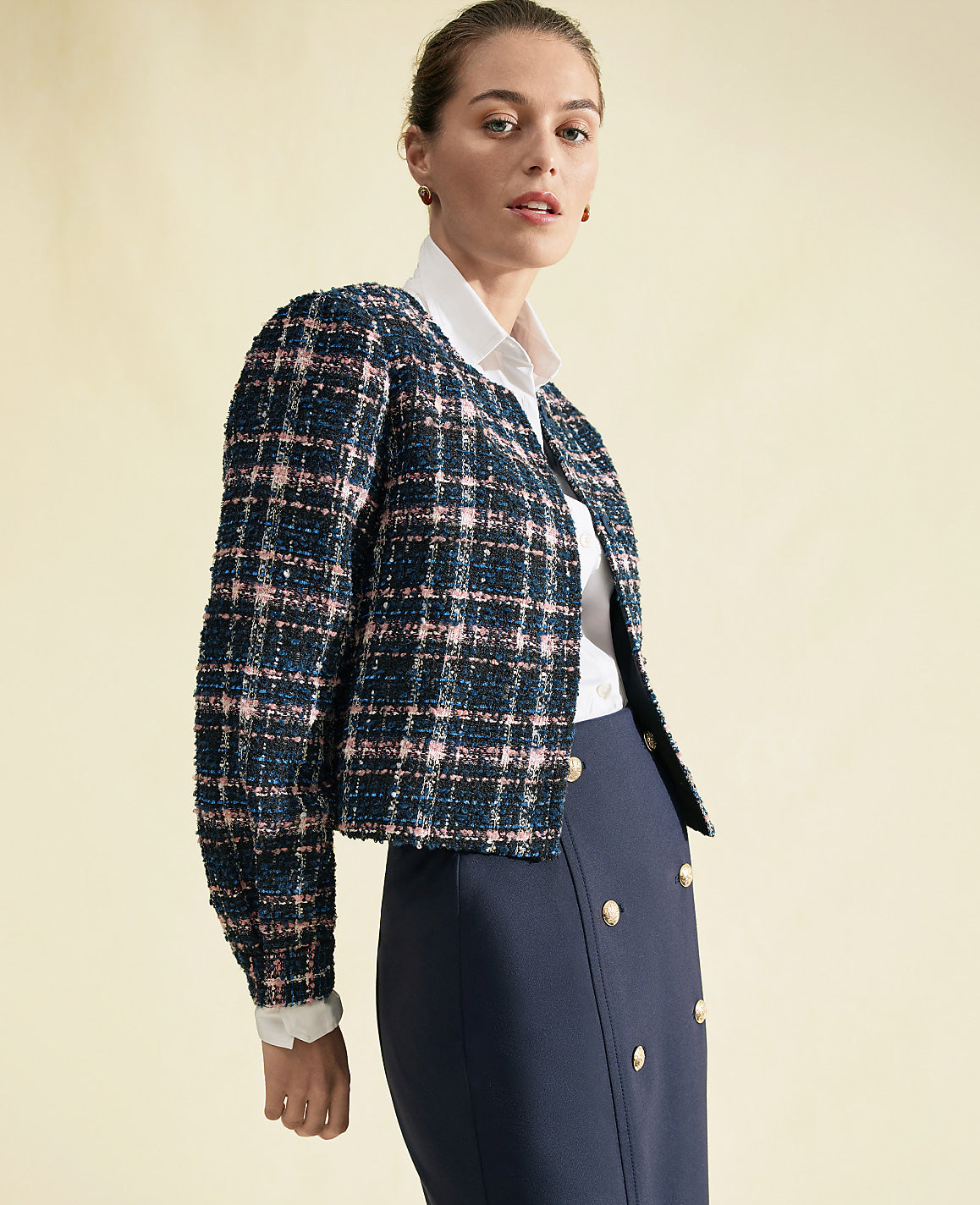 Ann Taylor Pink/Blue Plaid The Crew Neck Jacket in Plaid Tweed