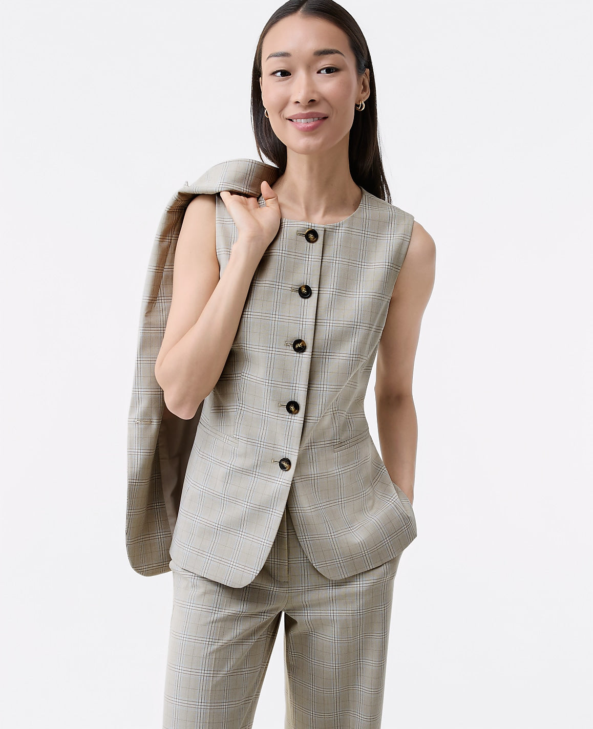 Ann Taylor Tan/Blue Combo The Long Crew Neck Vest in Plaid