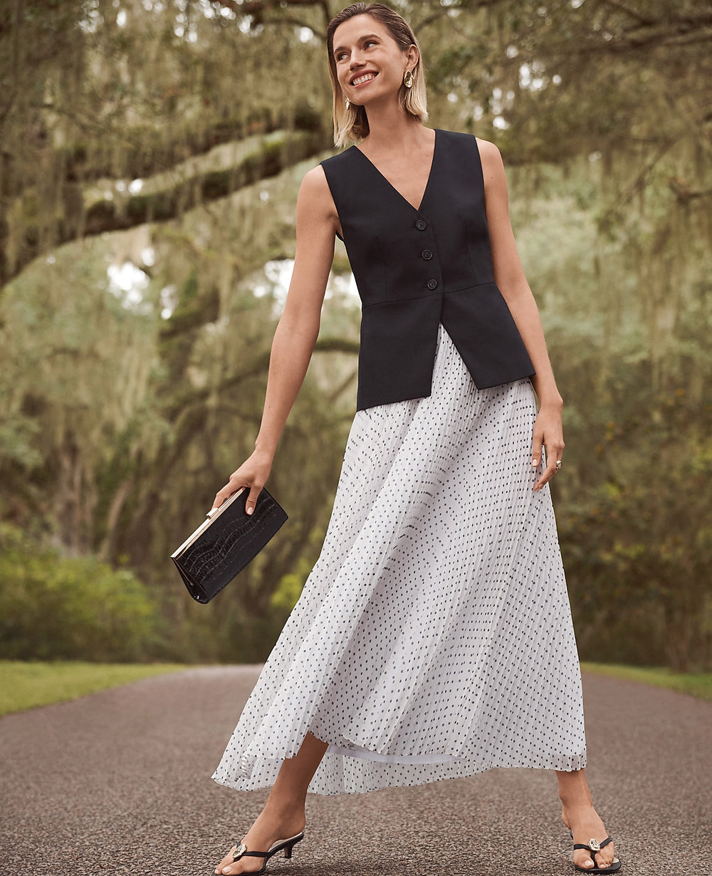 Ann Taylor Winter White Polka Dot Chiffon Midi Skirt
