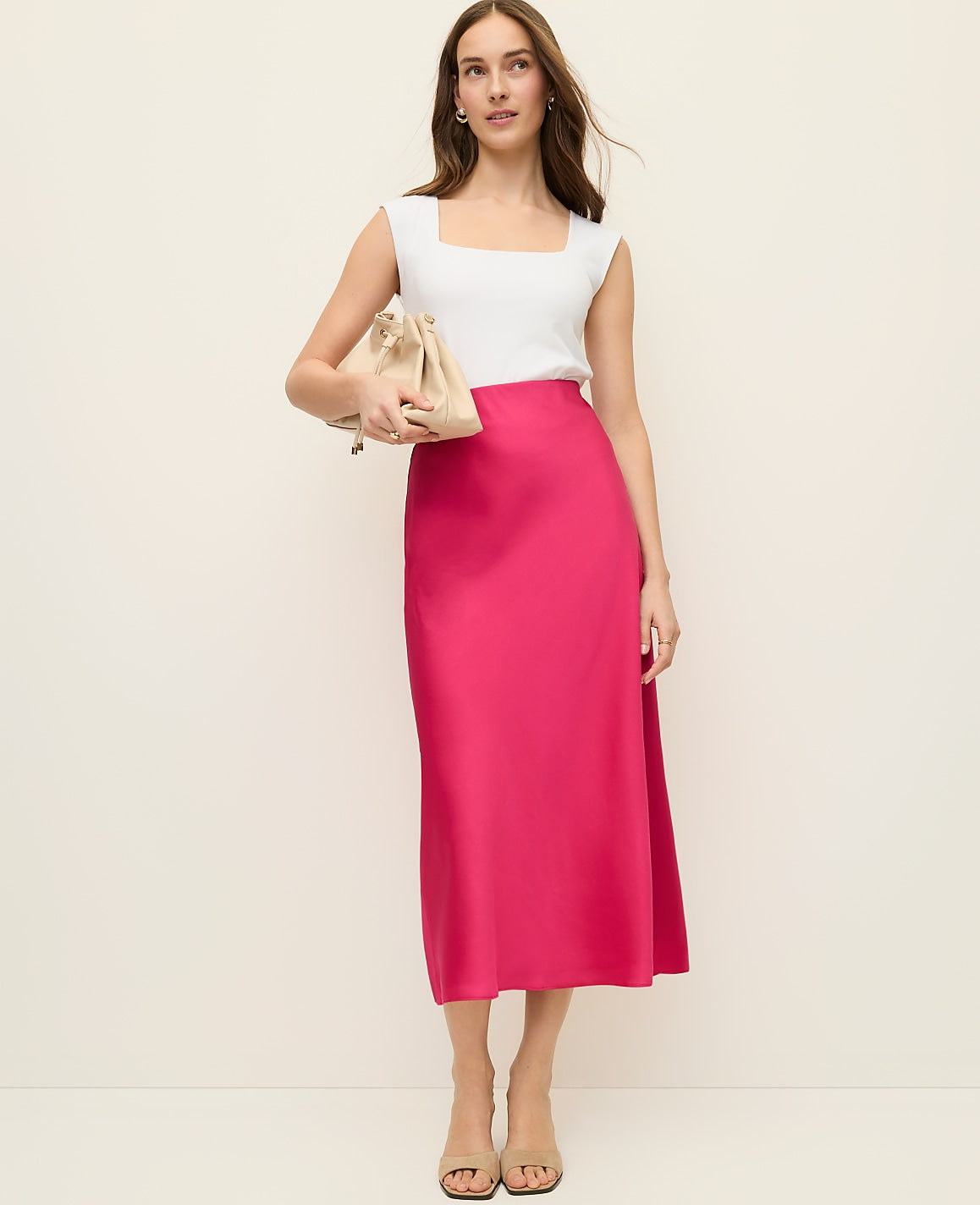 Ann Taylor Bougainvillea Satin Bias Midi Slip Skirt