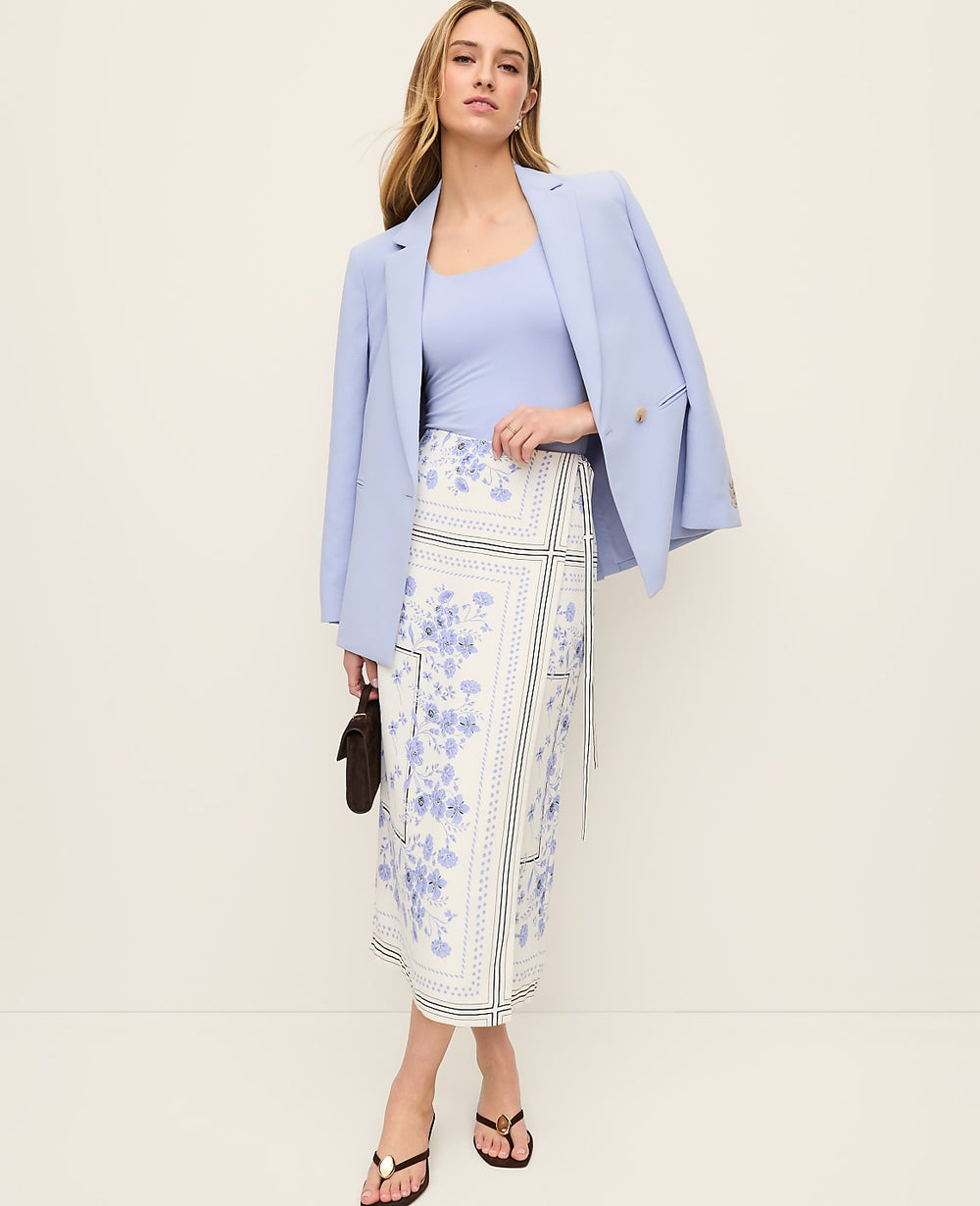 Ann Taylor Blue Hydrangea Floral Wrap Midi Skirt