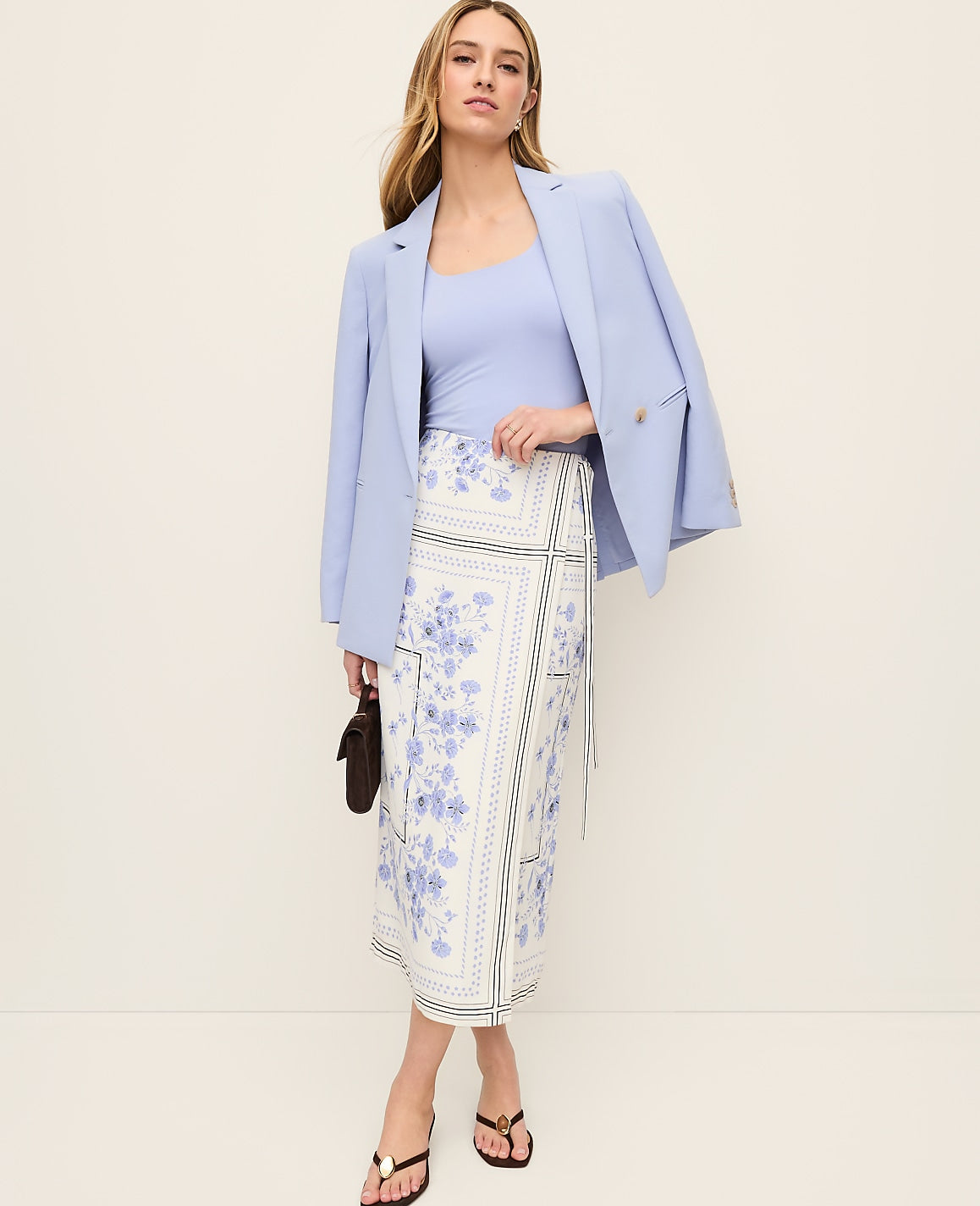 Ann Taylor Blue Hydrangea Floral Wrap Midi Skirt