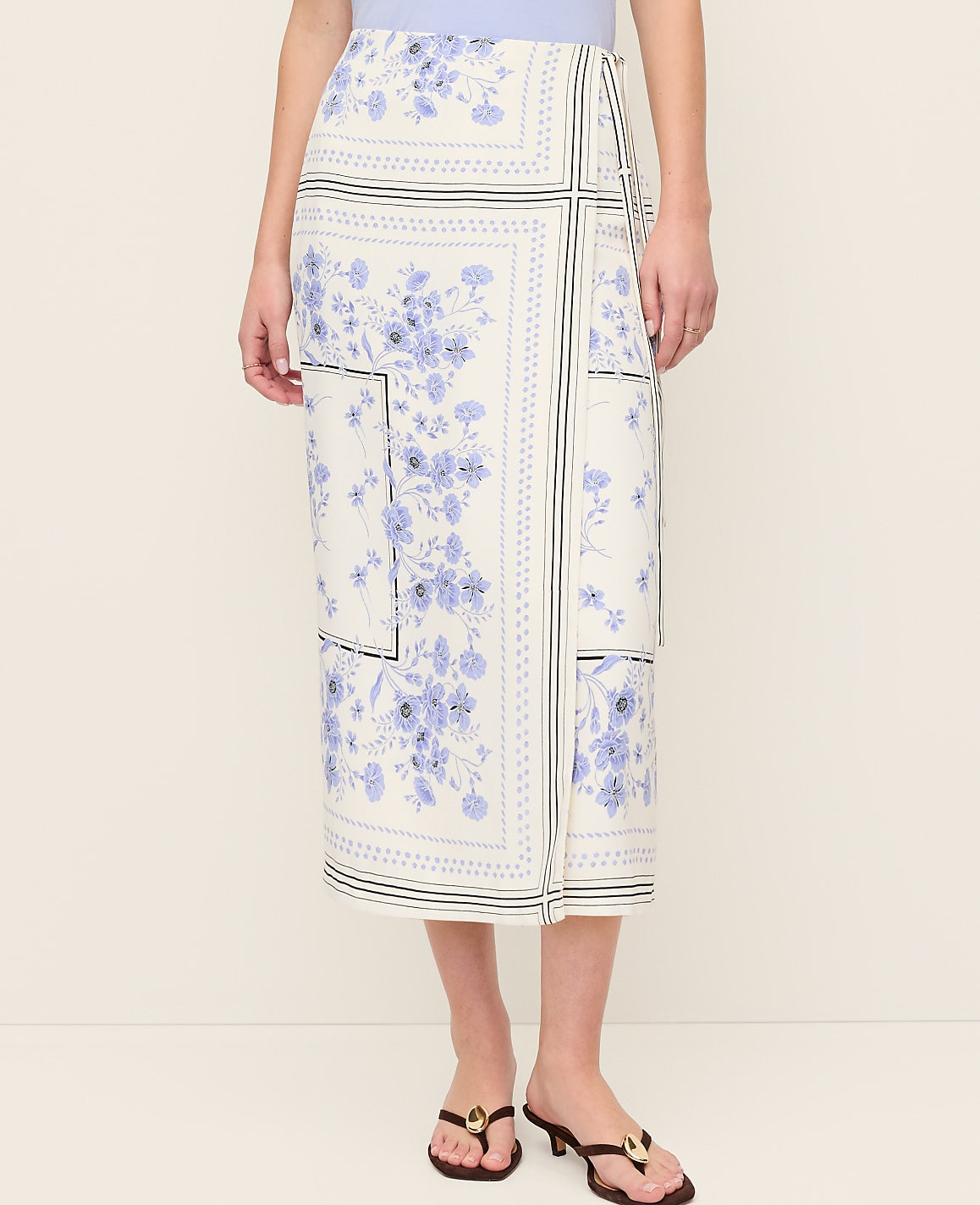 Ann Taylor Blue Hydrangea Floral Wrap Midi Skirt