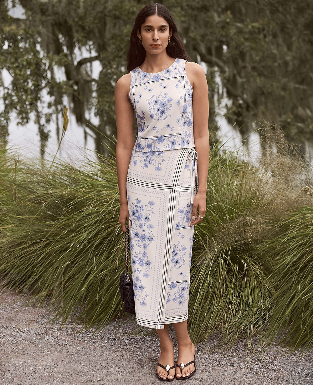 Ann Taylor Blue Hydrangea Floral Wrap Midi Skirt