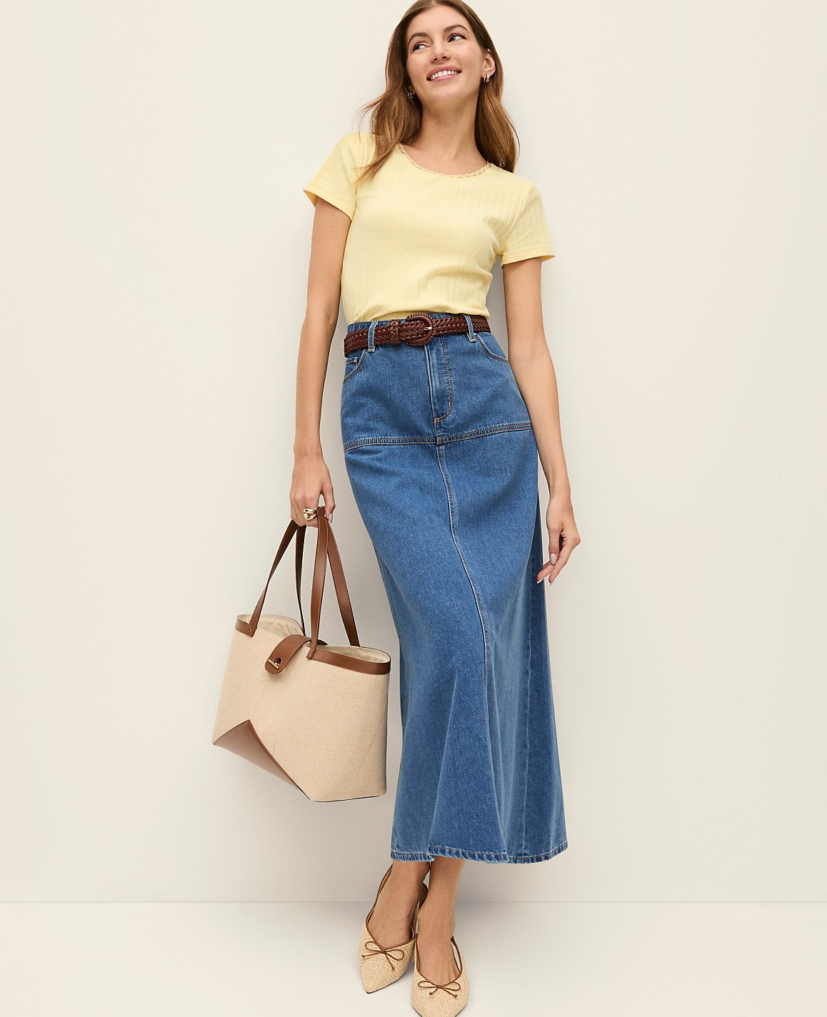 Ann Taylor Bright Medium Stone Wash Weekend Denim Midi Skirt