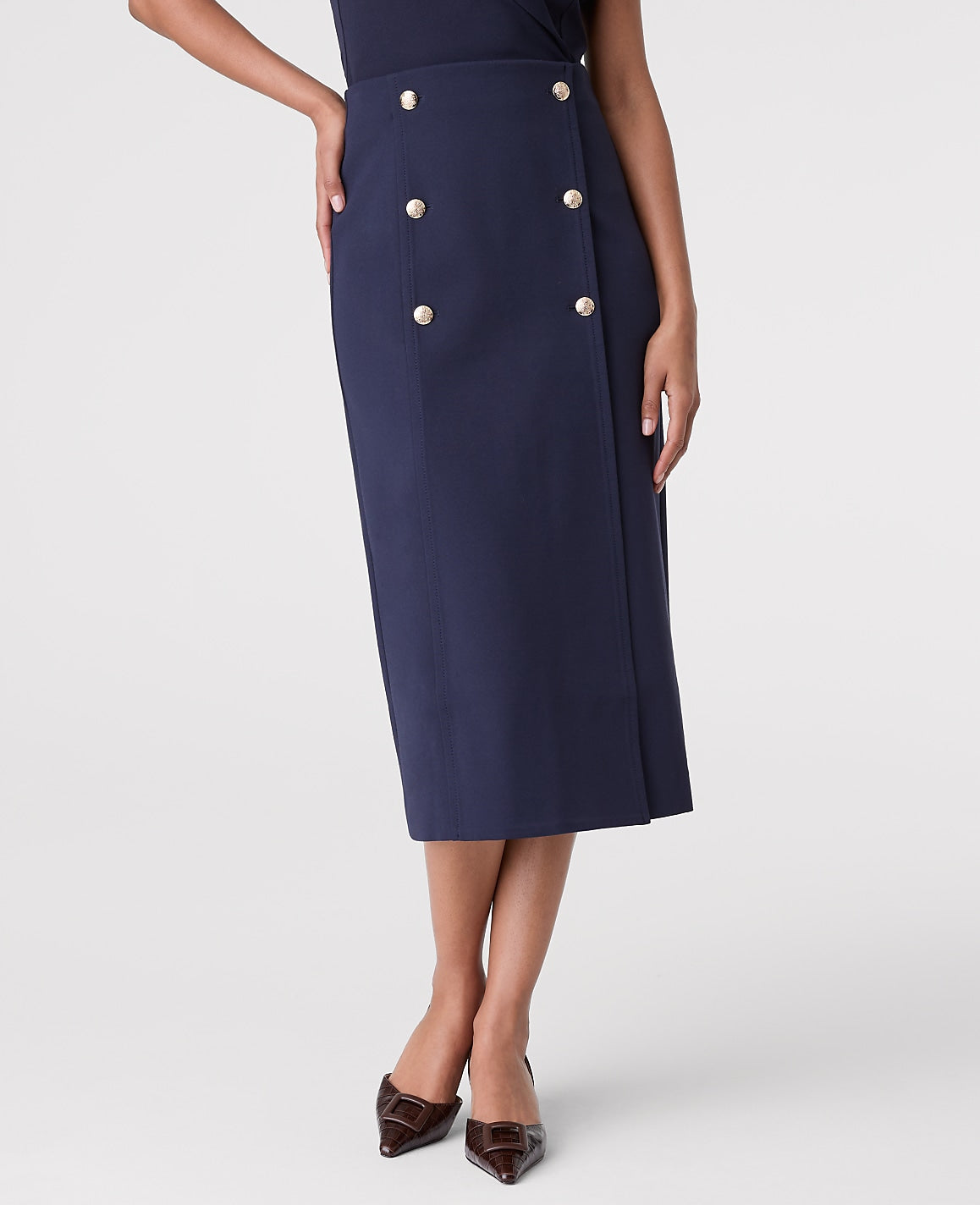 Ann Taylor Night Sky Ponte Button Wrap Midi Skirt