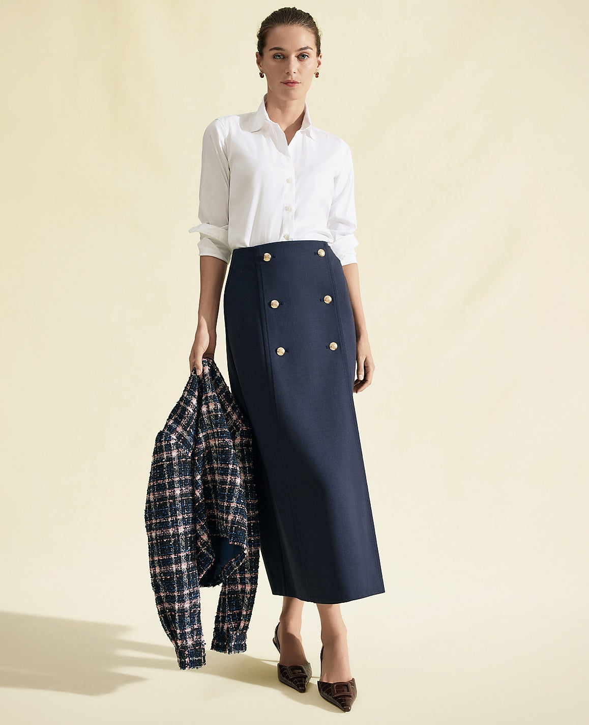 Ann Taylor Night Sky Ponte Button Wrap Midi Skirt
